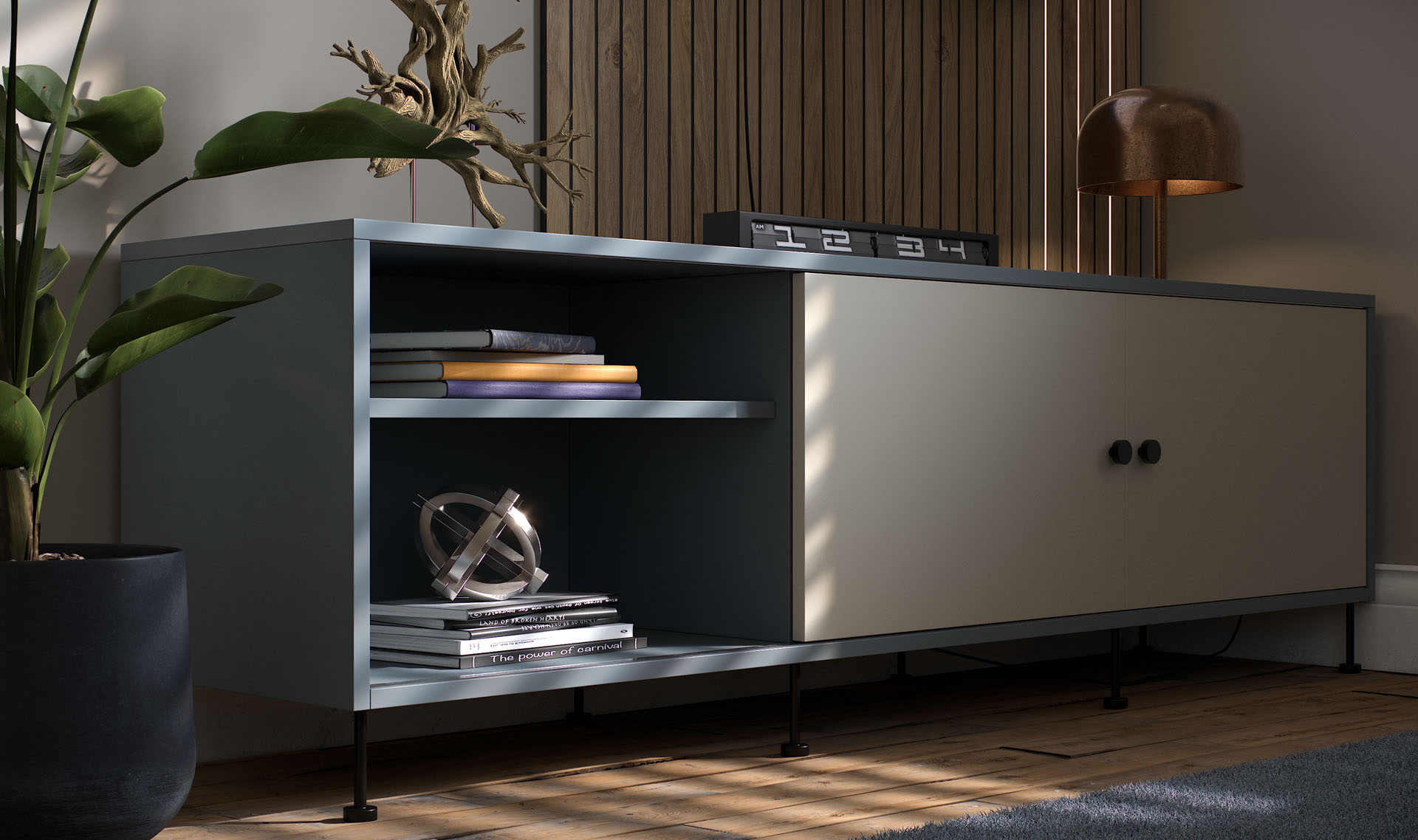 Finished product — sliding door sideboard in space