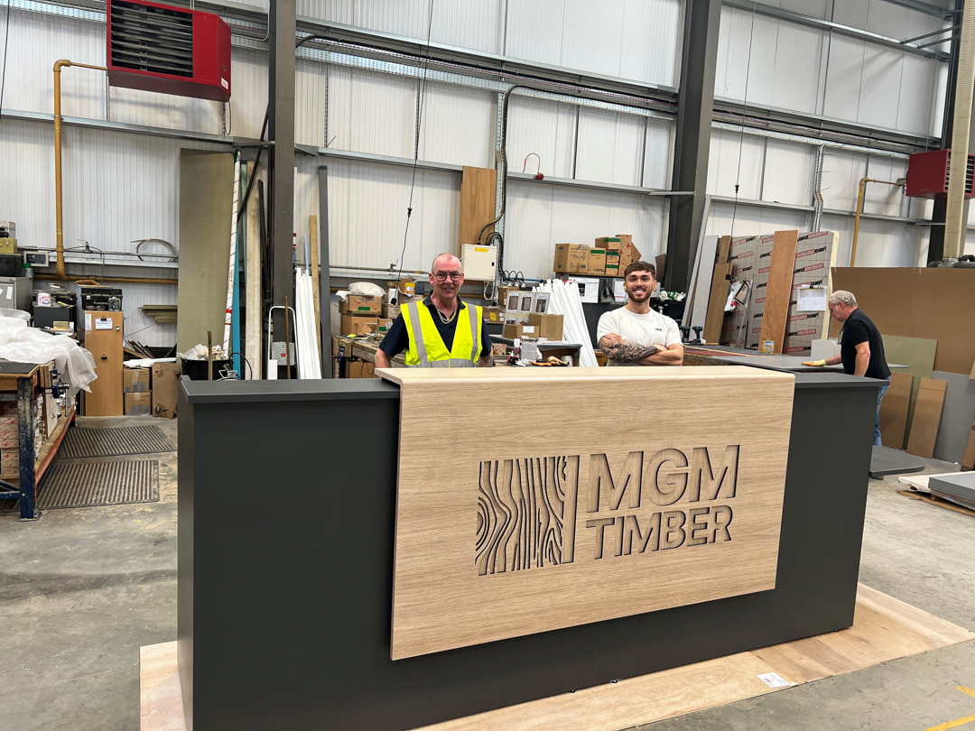 MGM Timber reception desk — workshop install, Creative Conceptz project