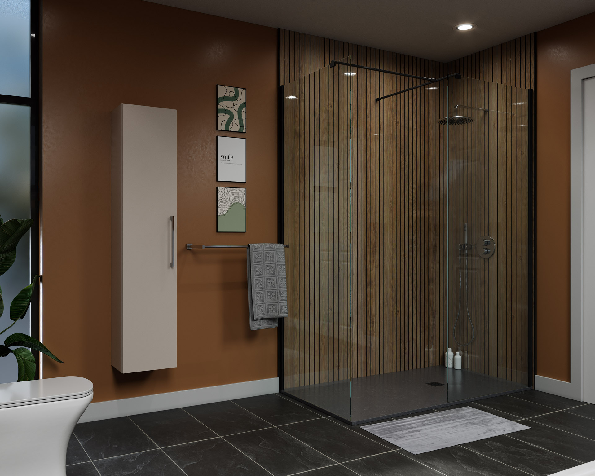 Walk-In Shower Enclosure, Slatted Timber Panel Feature Wall