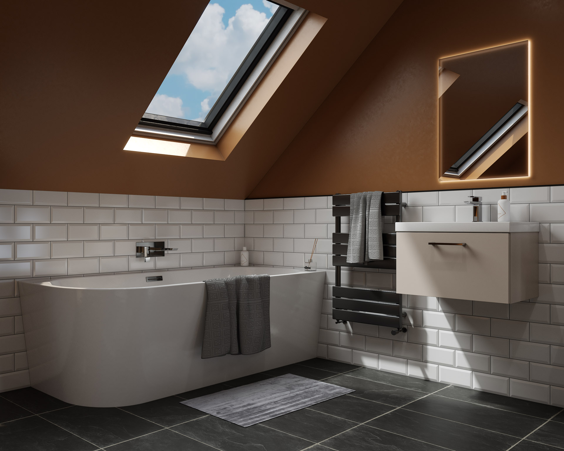 Freestanding Bath and Vanity Unit, Loft Bathroom Scene