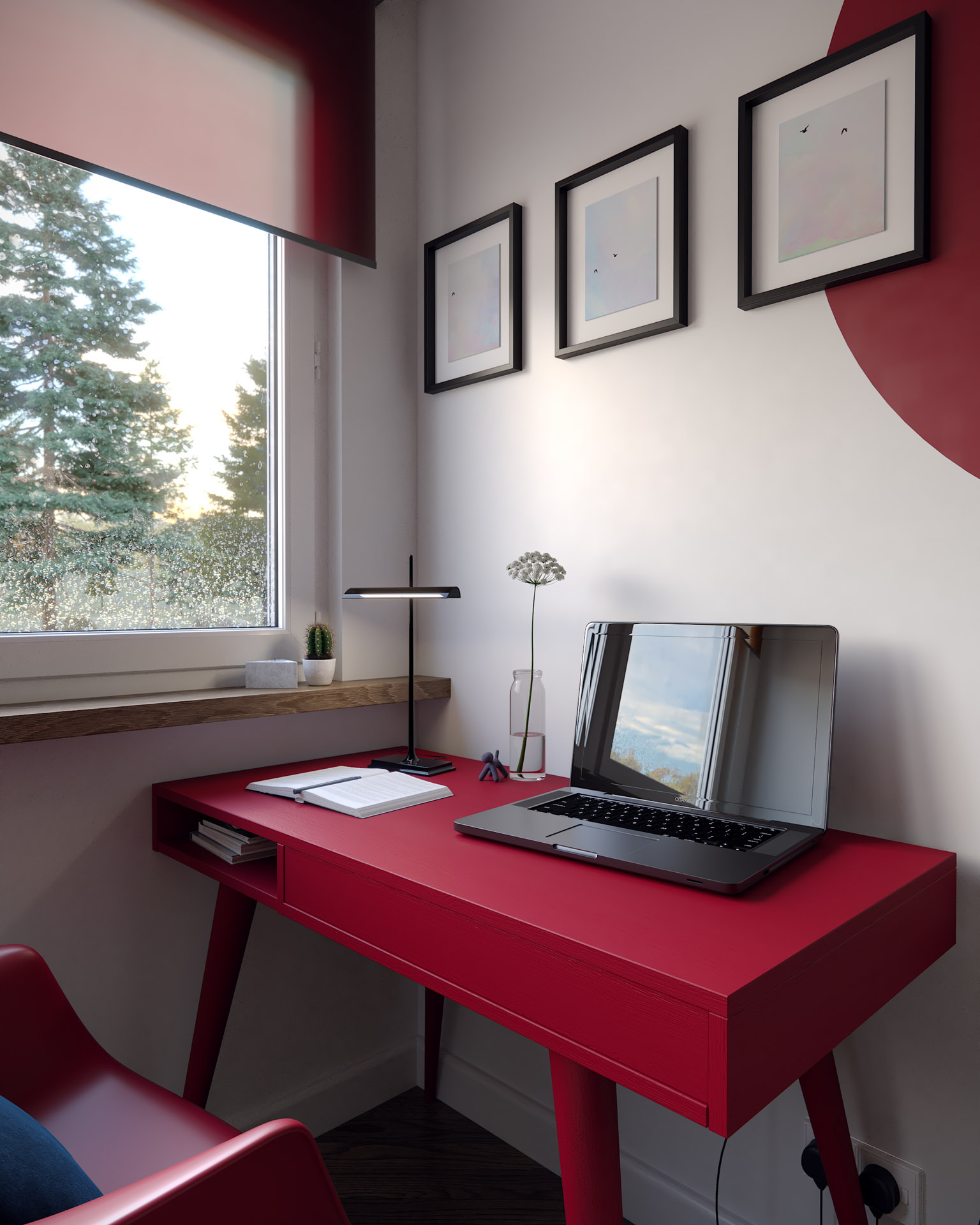 Desk Unit, Red Finish, Room Scene