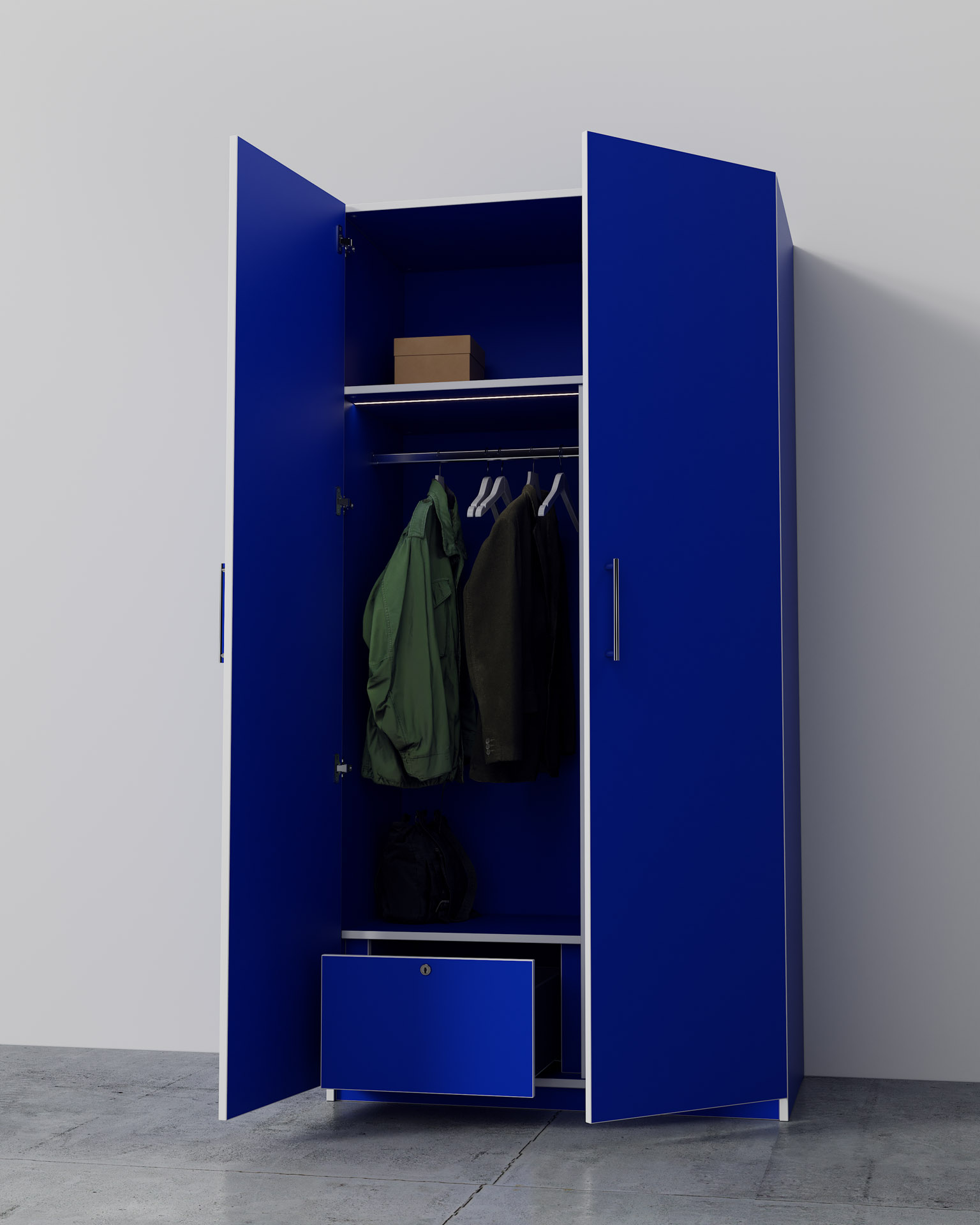 Tall Storage Unit, Blue Finish, Spotlight Render