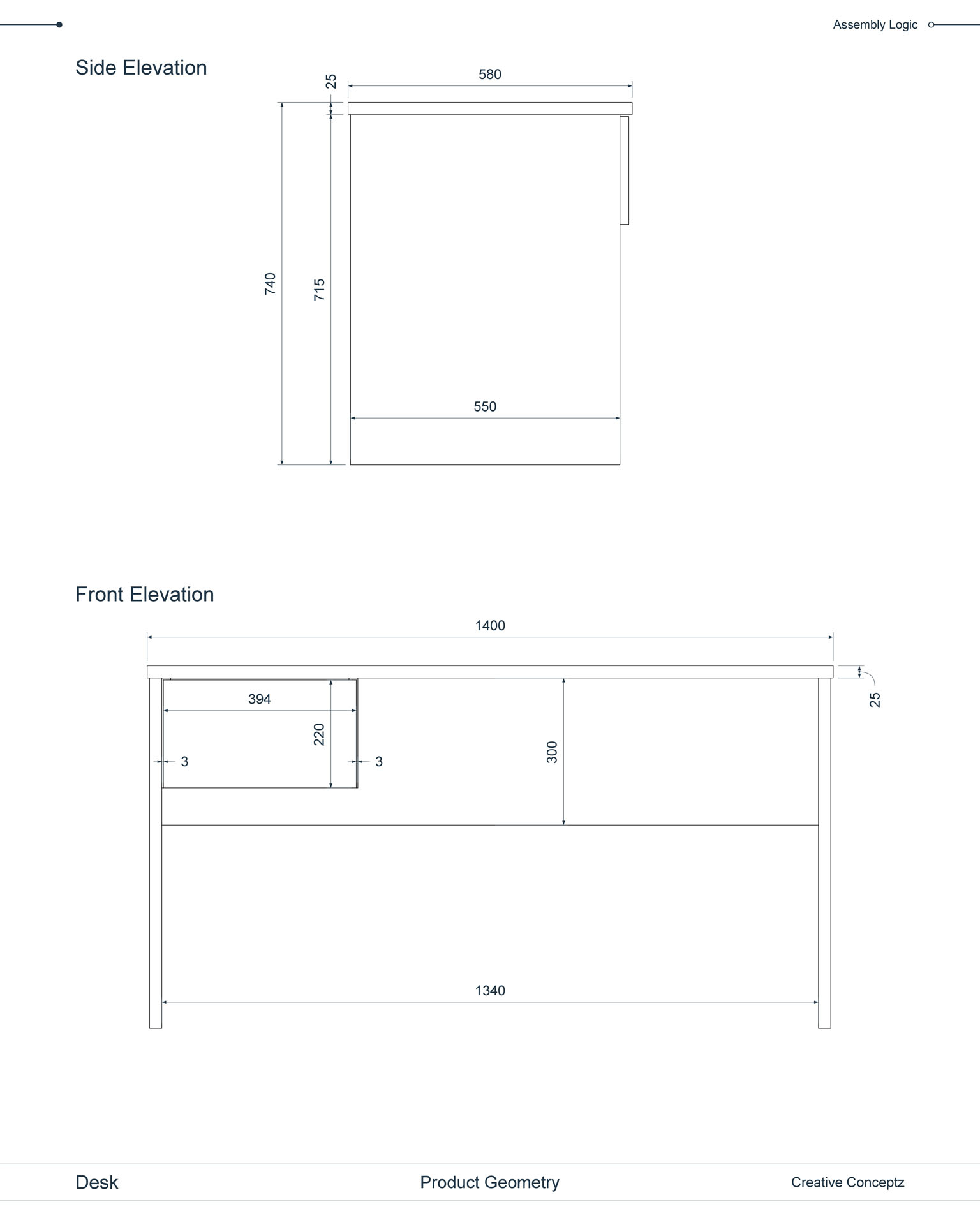 Desk Unit, Technical Drawing, Side and Front Elevation
