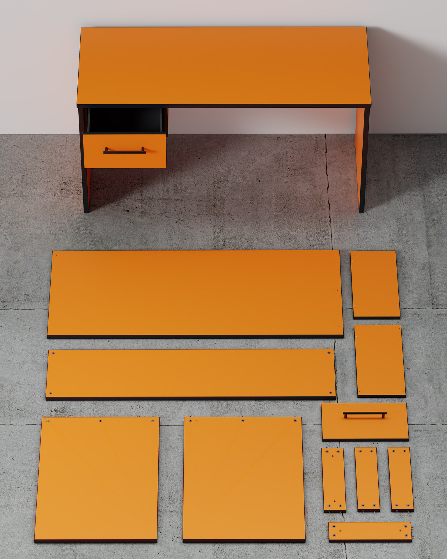 Desk Unit, Orange Finish, Flatpack Parts Lay