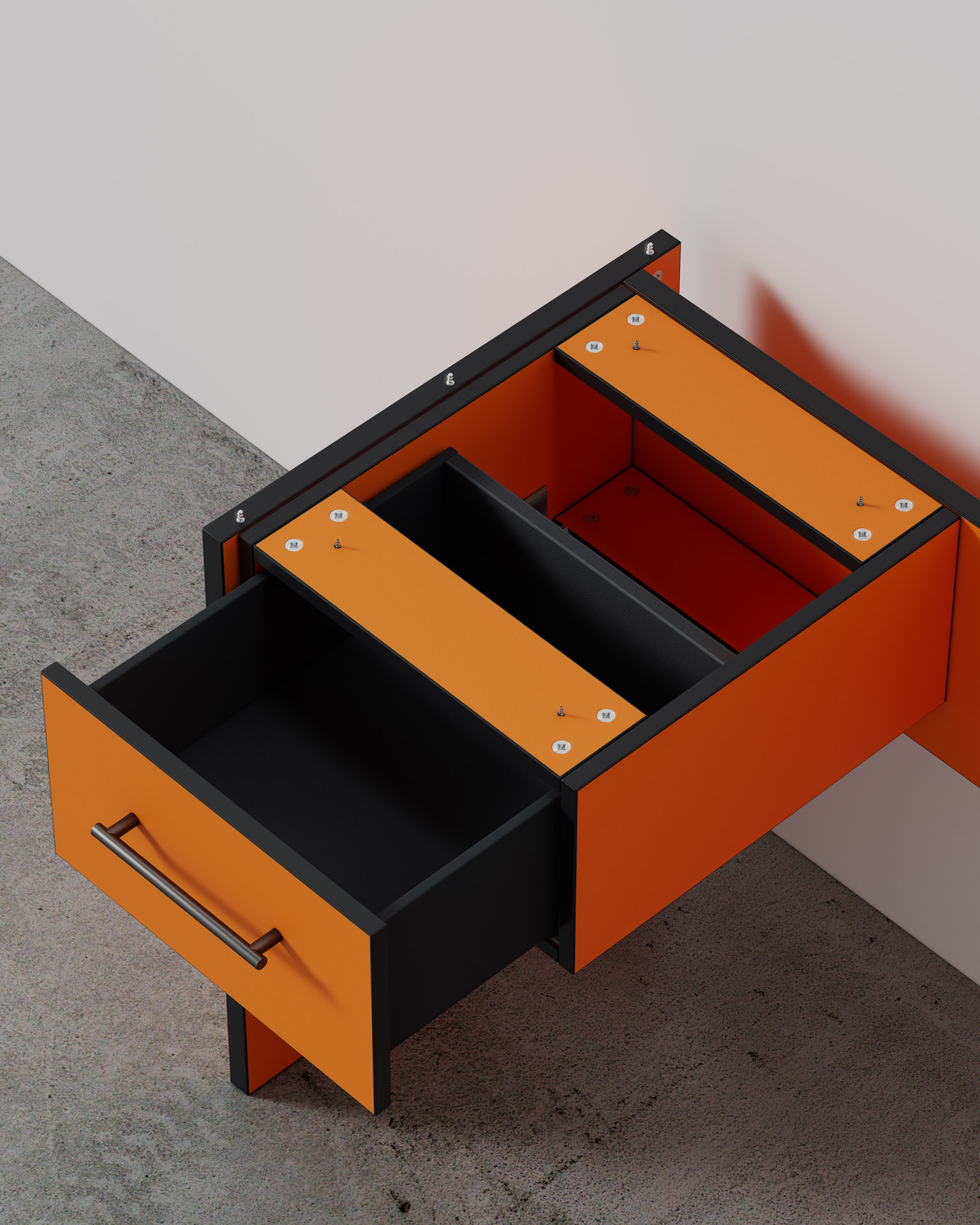 Desk Unit, Orange Finish, Drawer Detail Close-Up