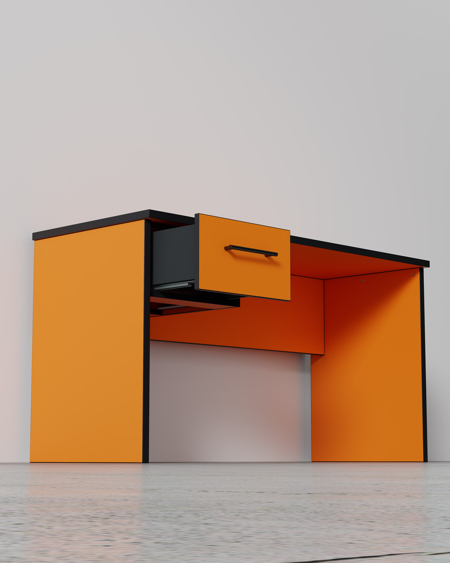 Desk Unit, Orange Finish, Low-Angle Three-Quarter Render