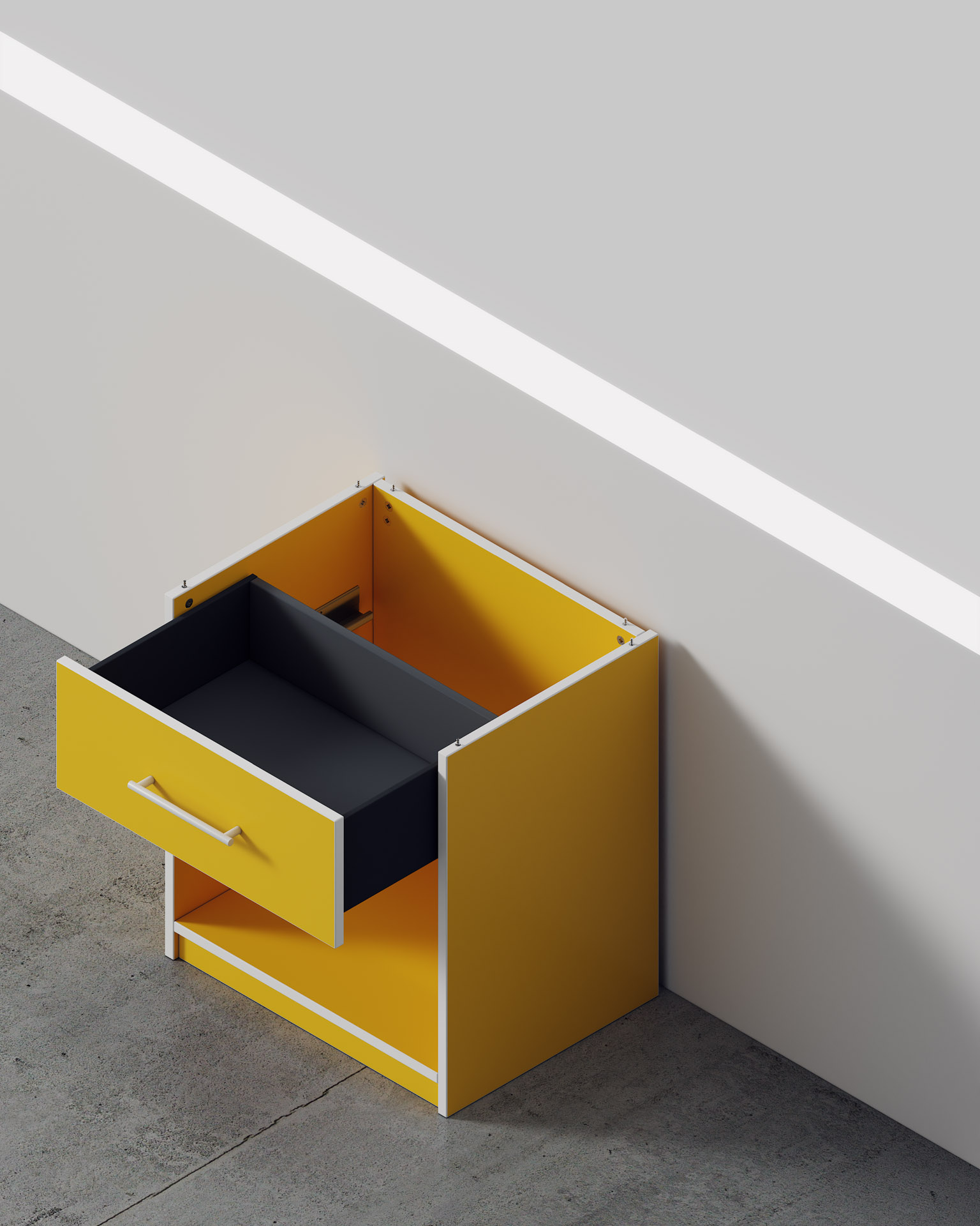 Bedside Table, Yellow Finish, Interior Construction View