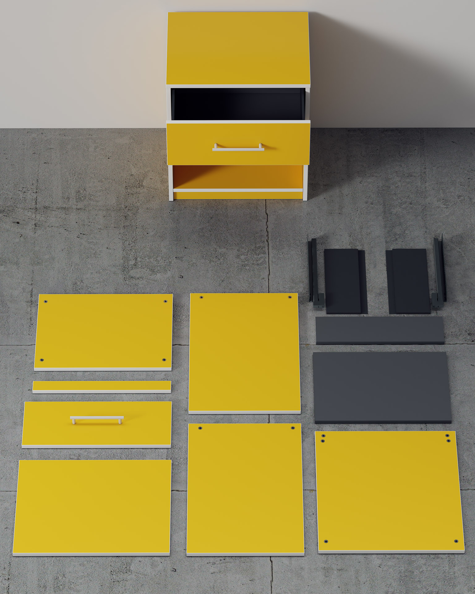 Bedside Table, Yellow Finish, Flatpack Parts Lay