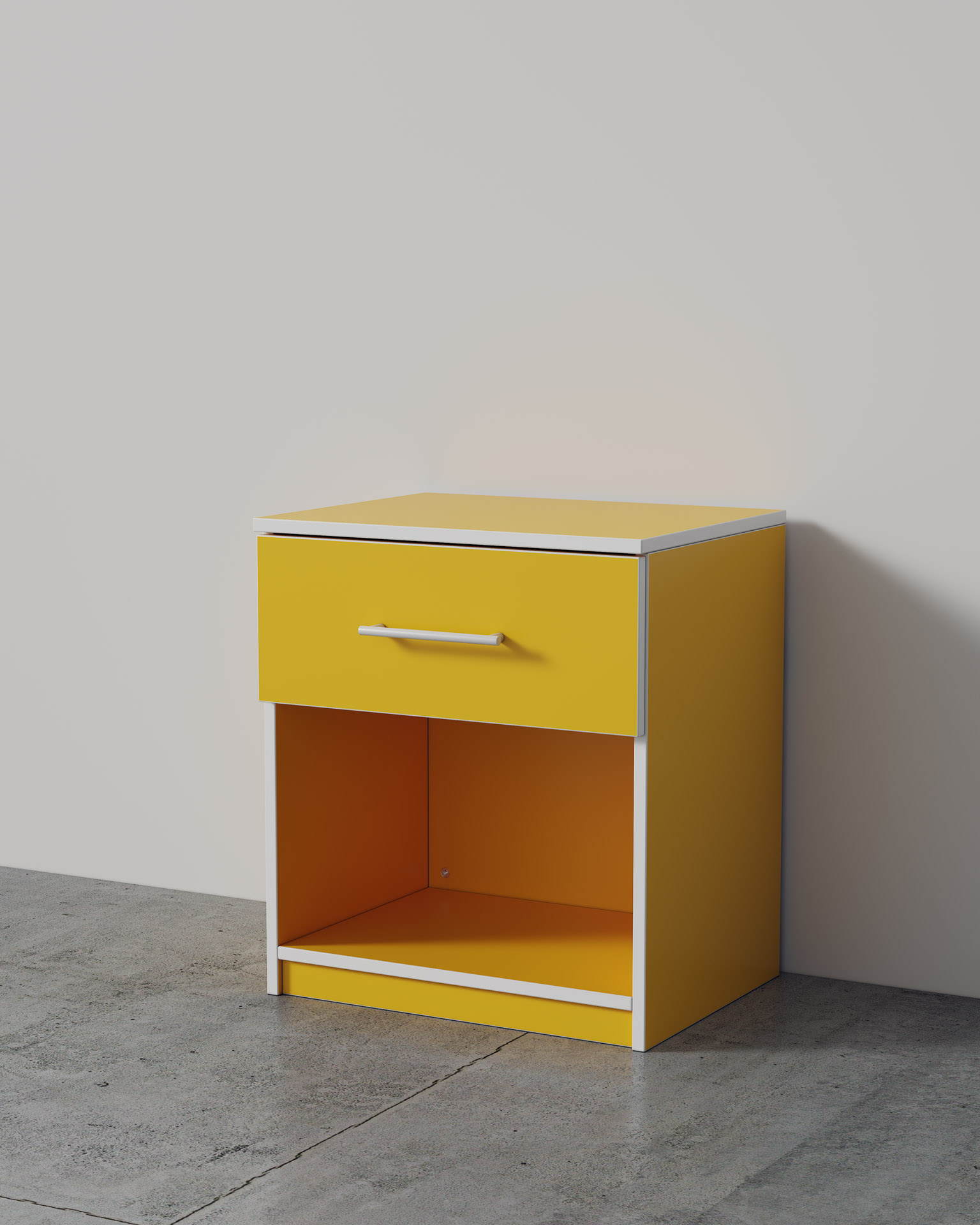 Bedside Table, Yellow Finish, Three-Quarter Studio Render