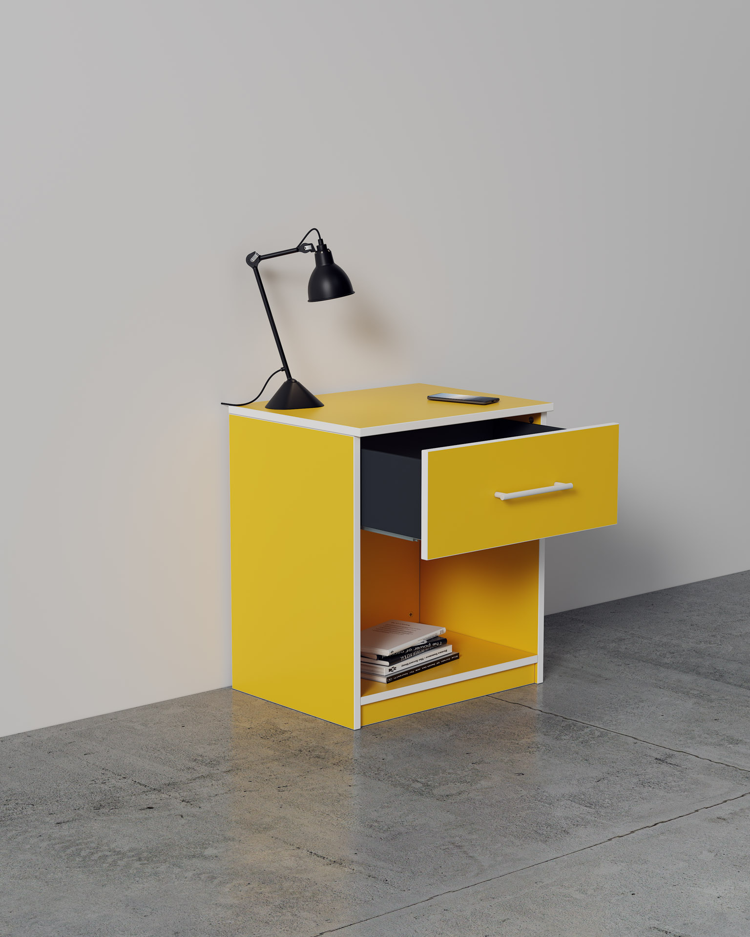 Bedside Table, Yellow Finish, Spotlight Render, Three-Quarter