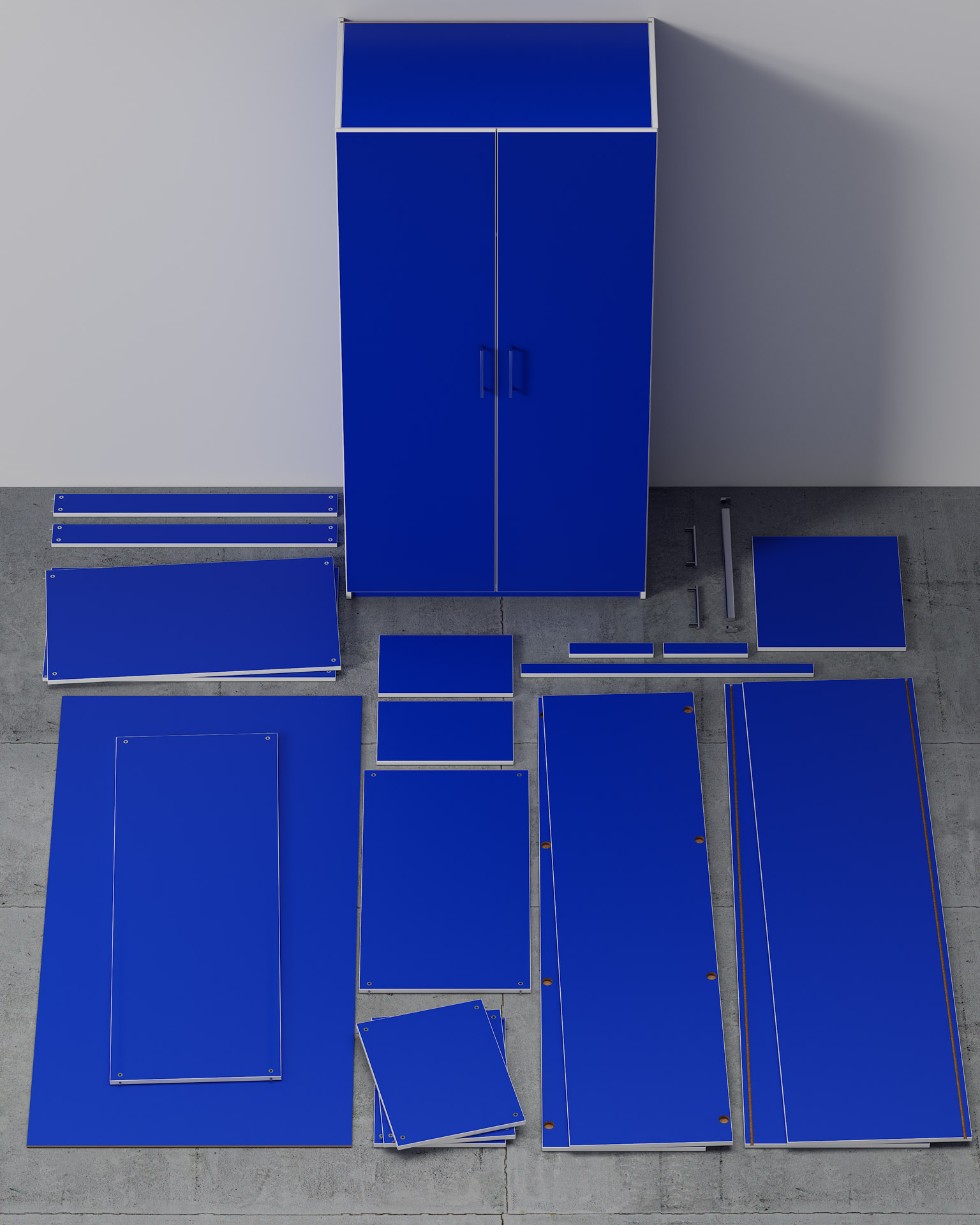 Wardrobe Unit, Blue Finish, Flatpack Parts Lay