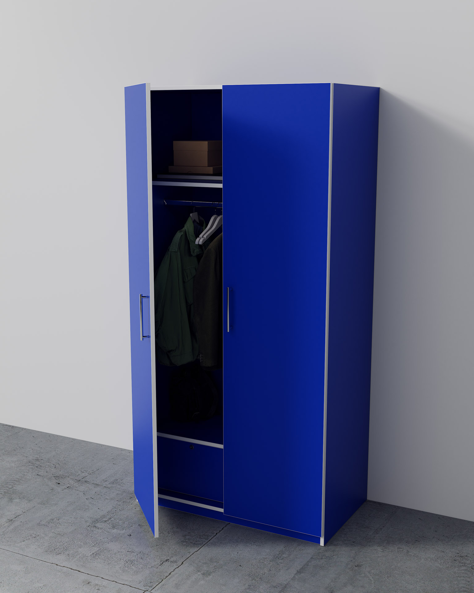 Wardrobe Unit, Blue Finish, Spotlight Render, Door Ajar