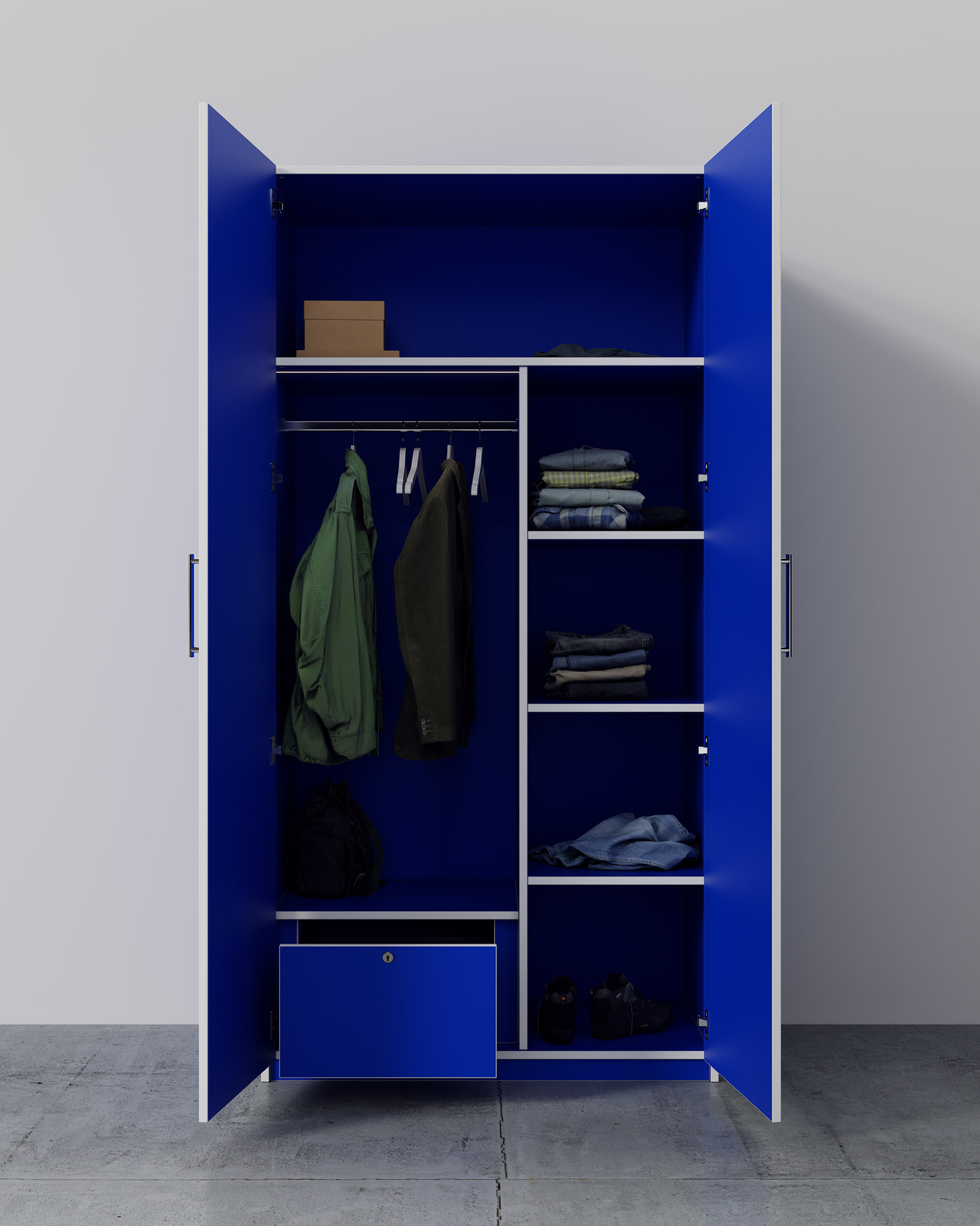Wardrobe Unit, Blue Finish, Spotlight Render, Doors Open Full