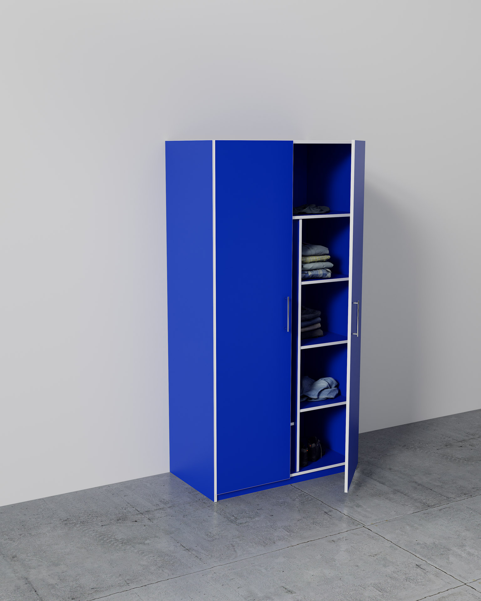 Wardrobe Unit, Blue Finish, Spotlight Render, Door Partially Open