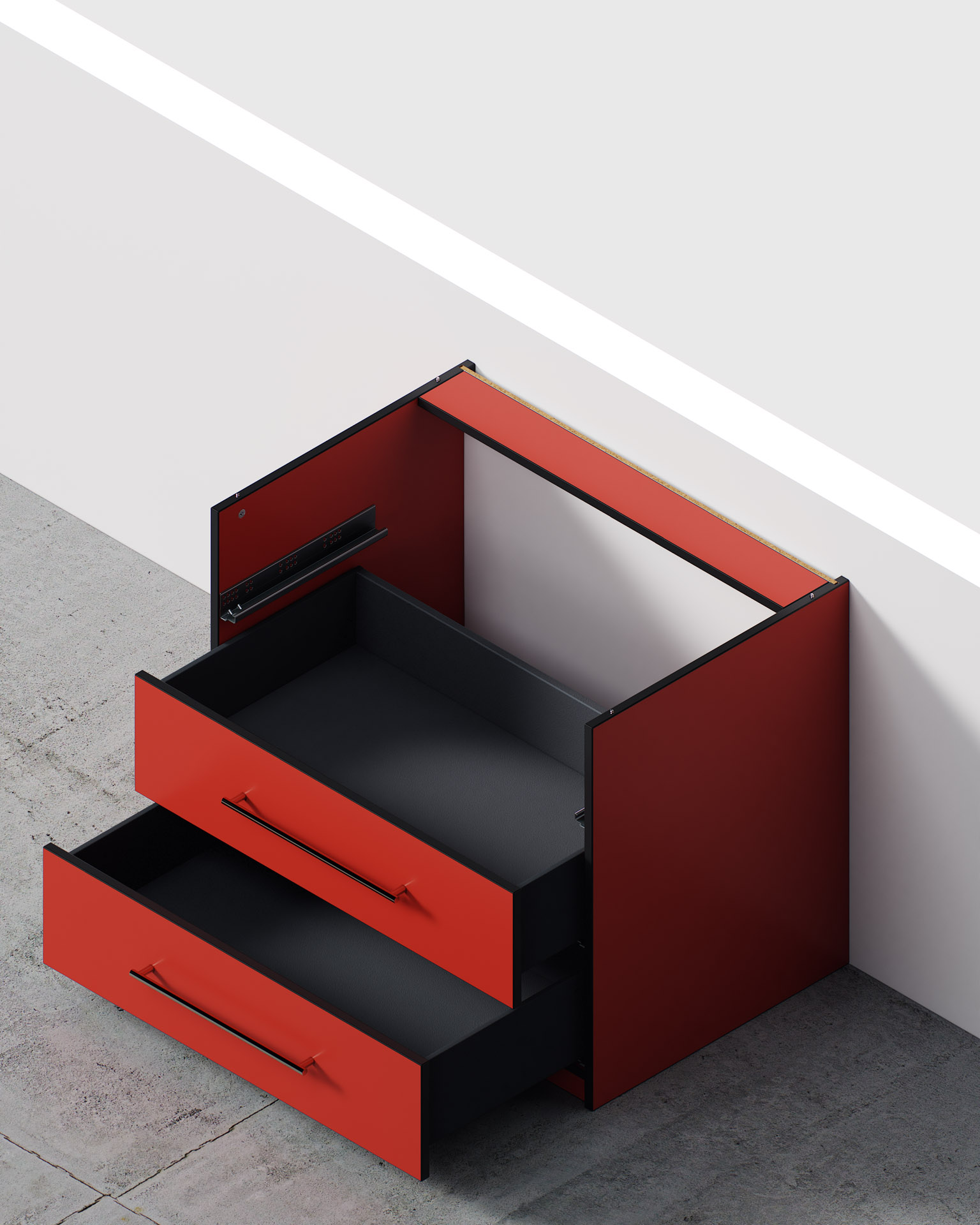 Three-Drawer Unit, Red Finish, Interior Construction View