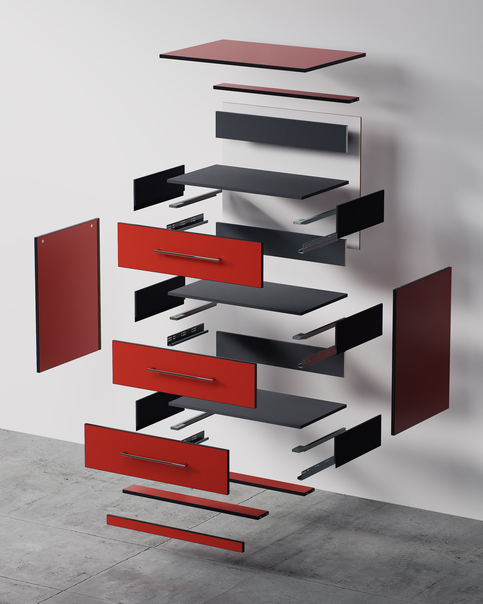 Three-Drawer Unit, Red Finish, Exploded View