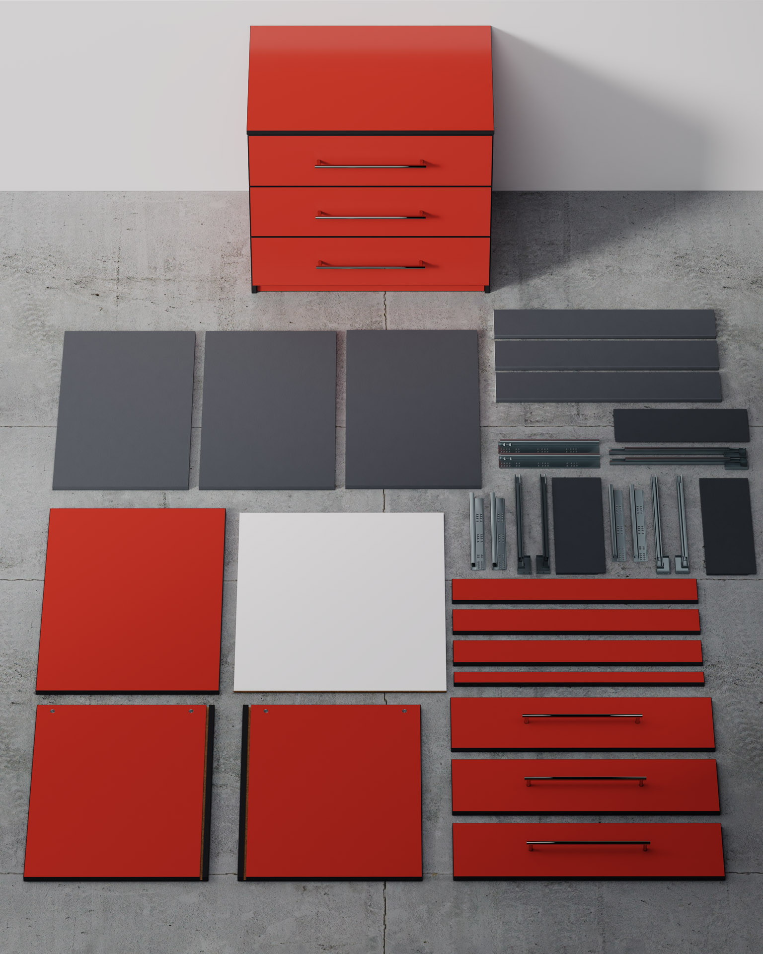 Three-Drawer Unit, Red Finish, Flatpack Parts Lay