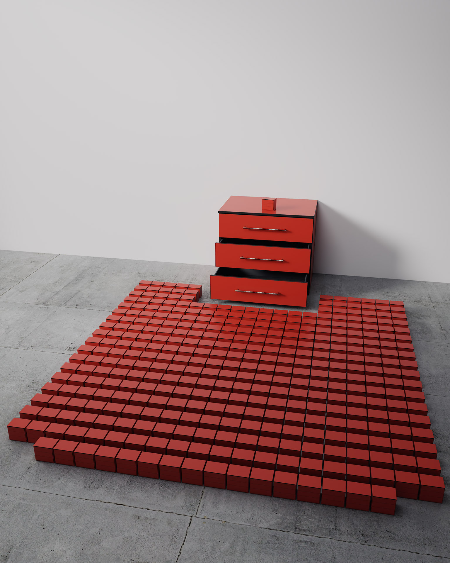 Three-Drawer Unit, Red Finish, Scaled Production Render