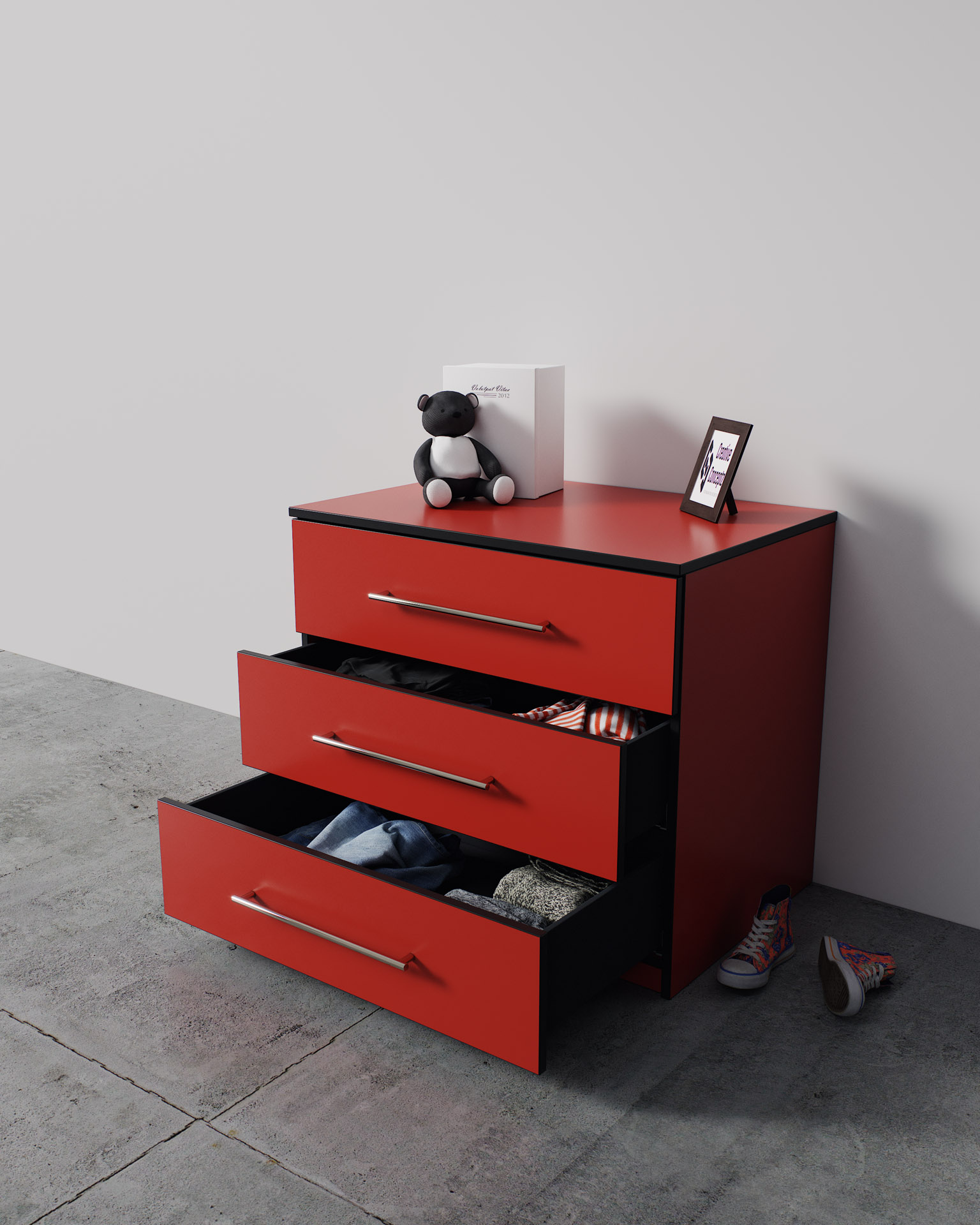 Three-Drawer Unit, Red Finish, Spotlight Render, Drawer Open