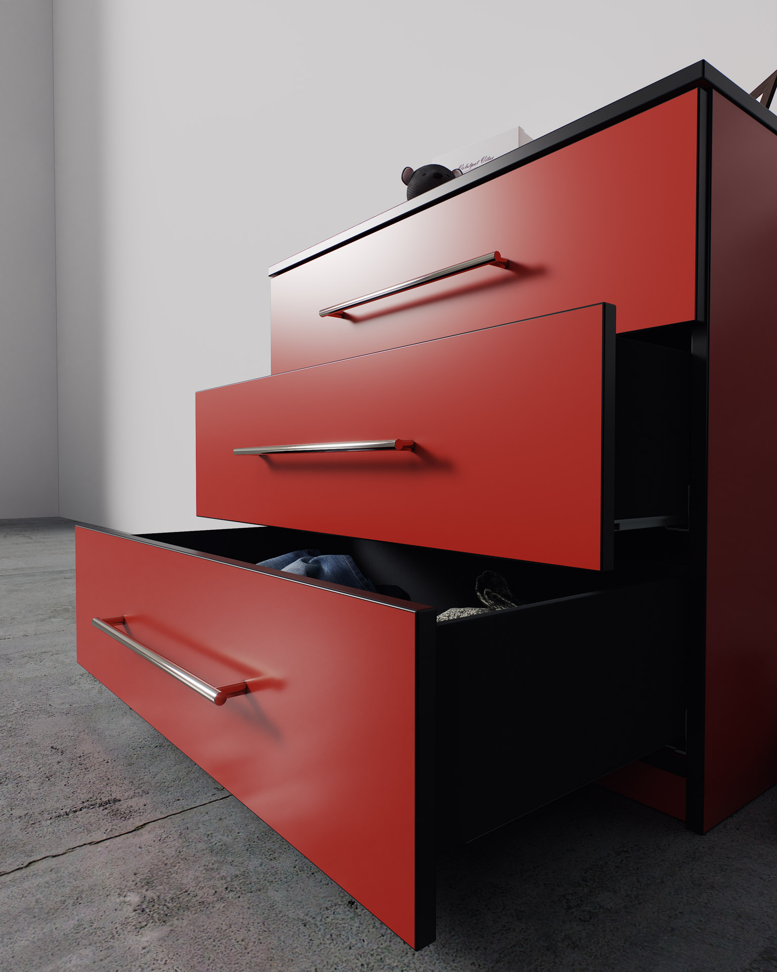 Three-Drawer Unit, Red Finish, Spotlight Render, Side Detail