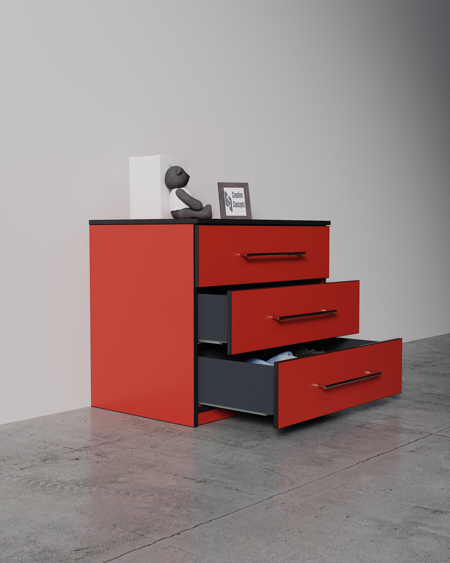 Three-Drawer Unit, Red Finish, Spotlight Render, Three-Quarter