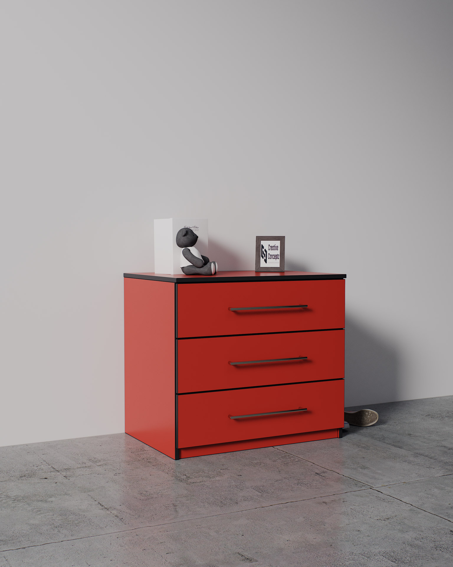 Three-Drawer Unit, Red Finish, Spotlight Render, Front Closed