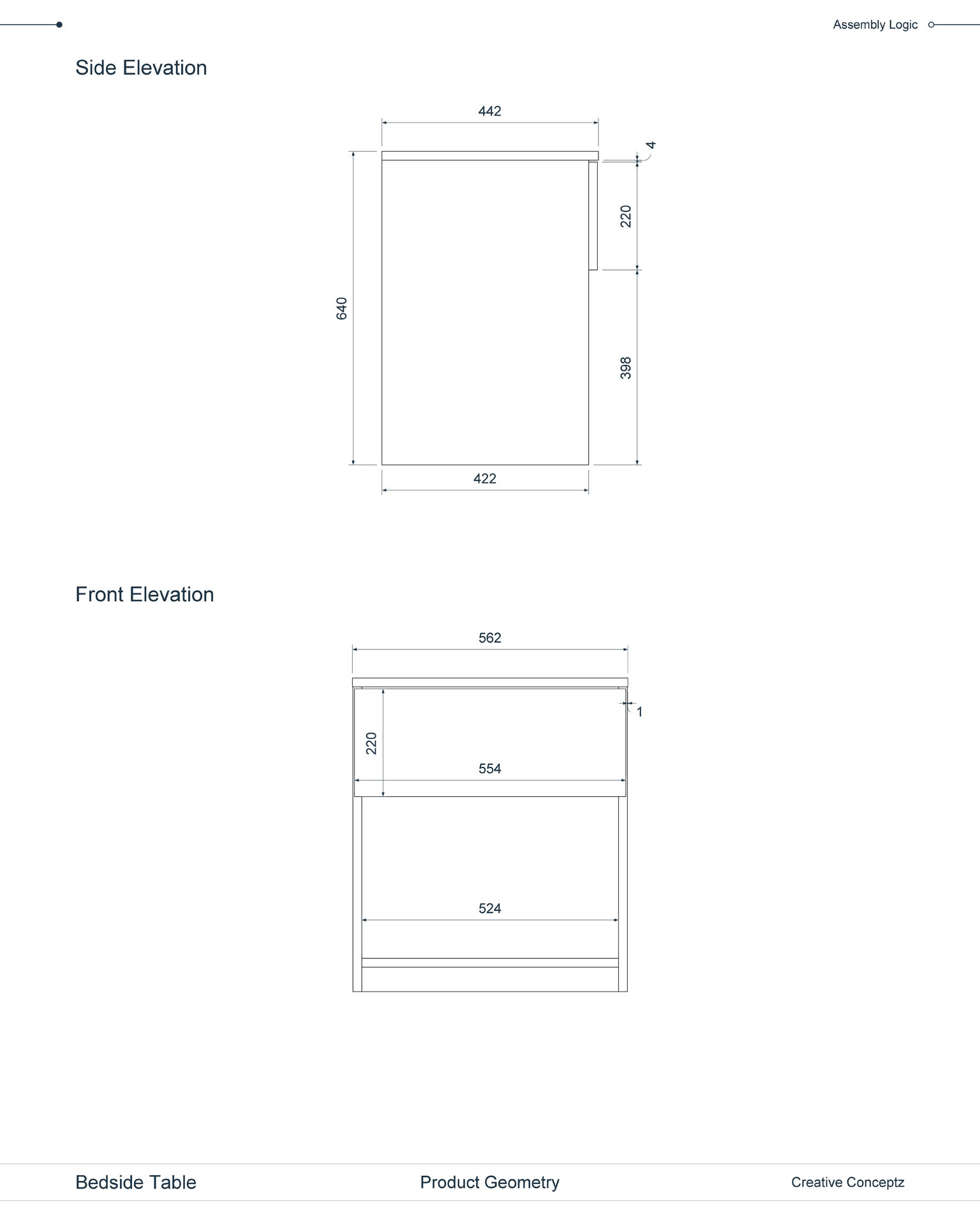 Bedside Table, Technical Drawing, Side and Front Elevation