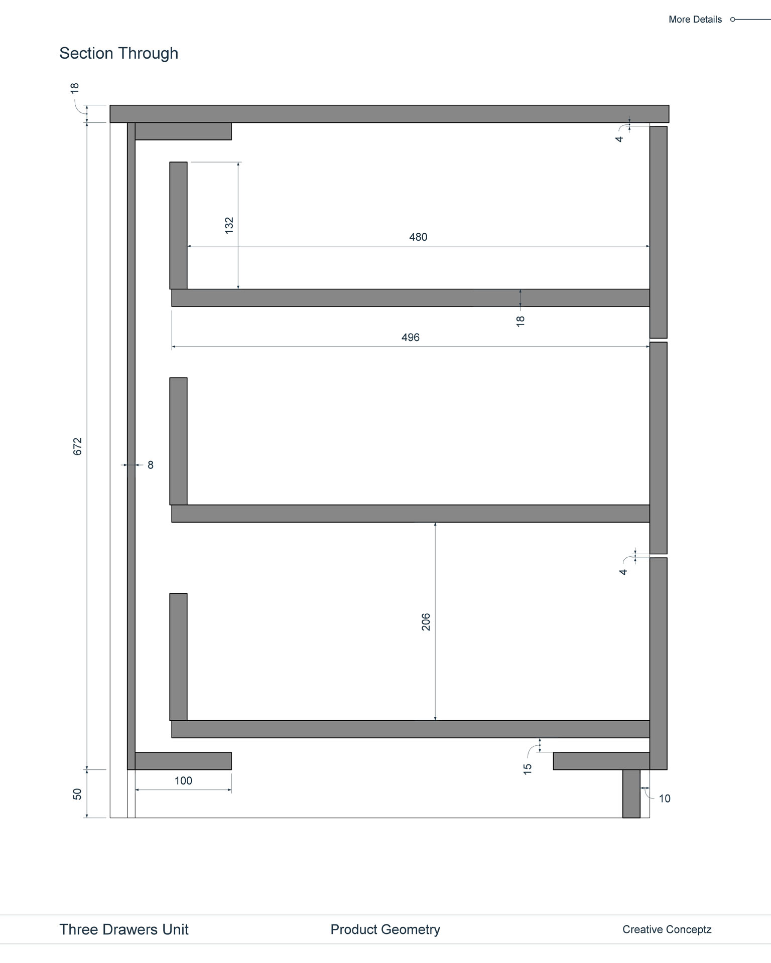 Three-Drawer Unit, Technical Drawing, Product Section