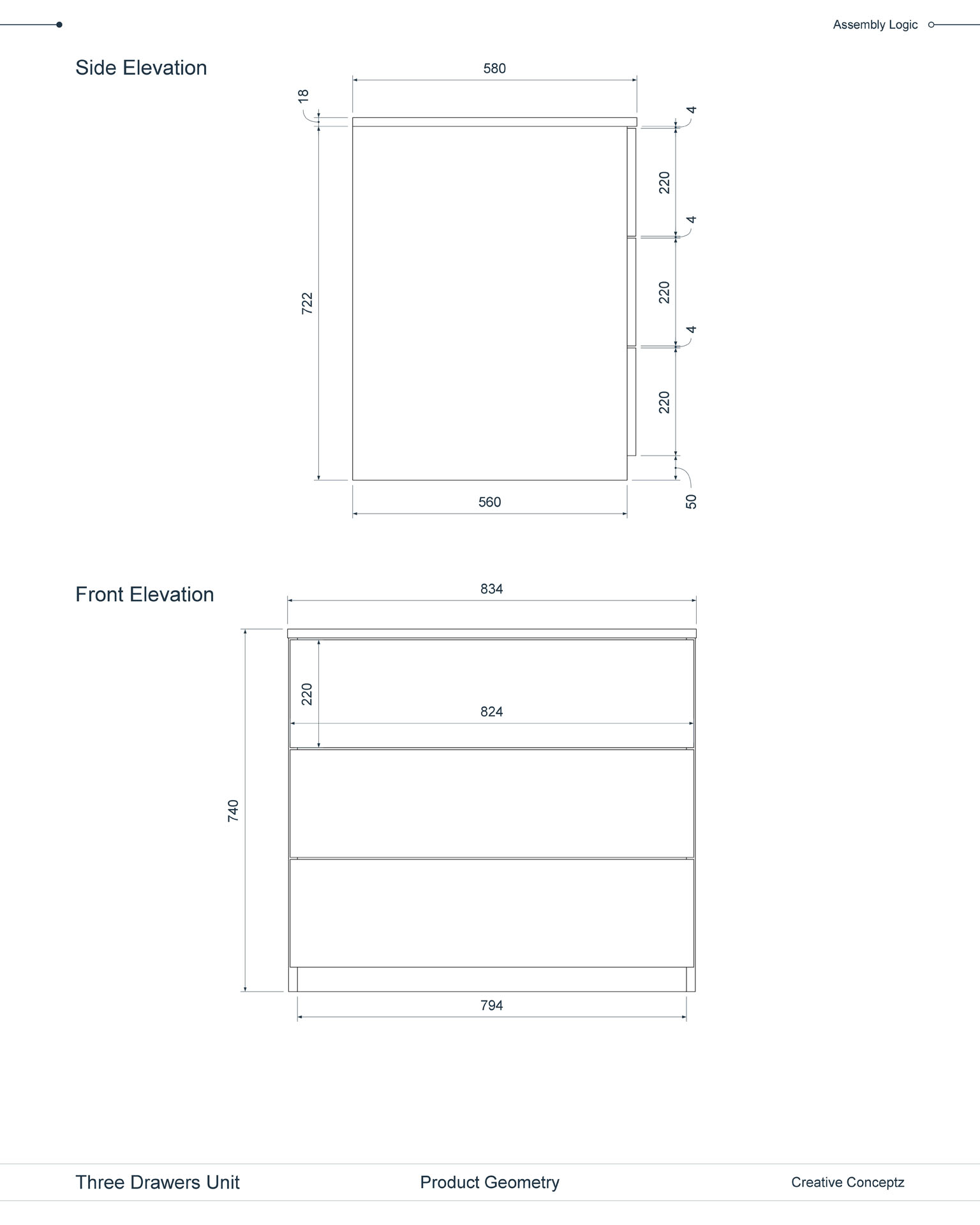 Three-Drawer Unit, Technical Drawing, Side and Front Elevation