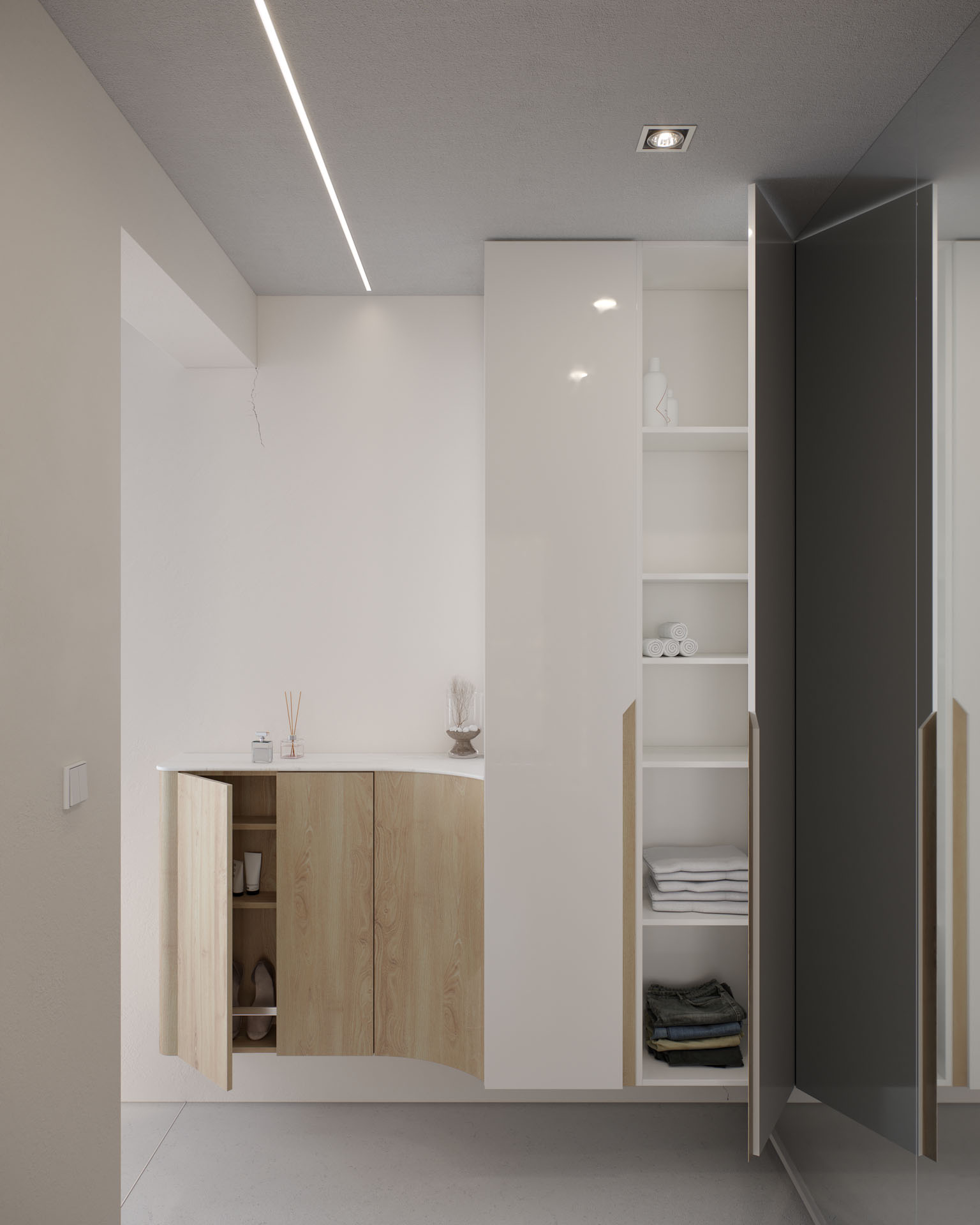 Floating Storage Unit, Curved Base, Hallway Transition Scene