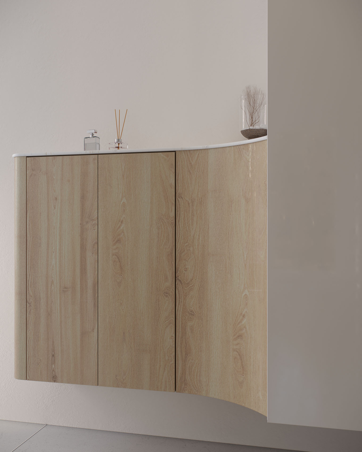 Floating Storage Unit, Curved Base, Front Close-Up