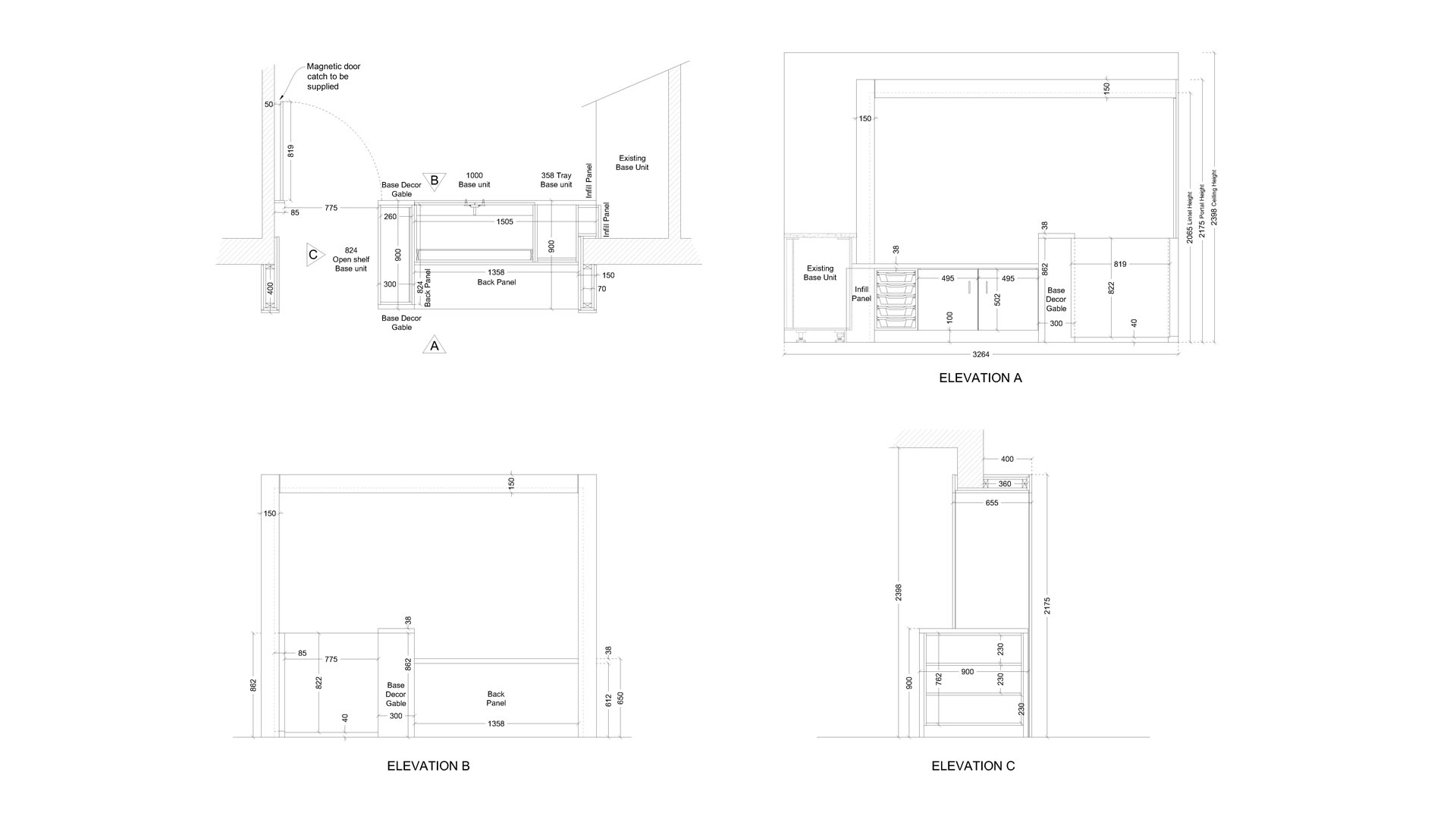 Fitted Workstation Base Unit, Plan & Elevations