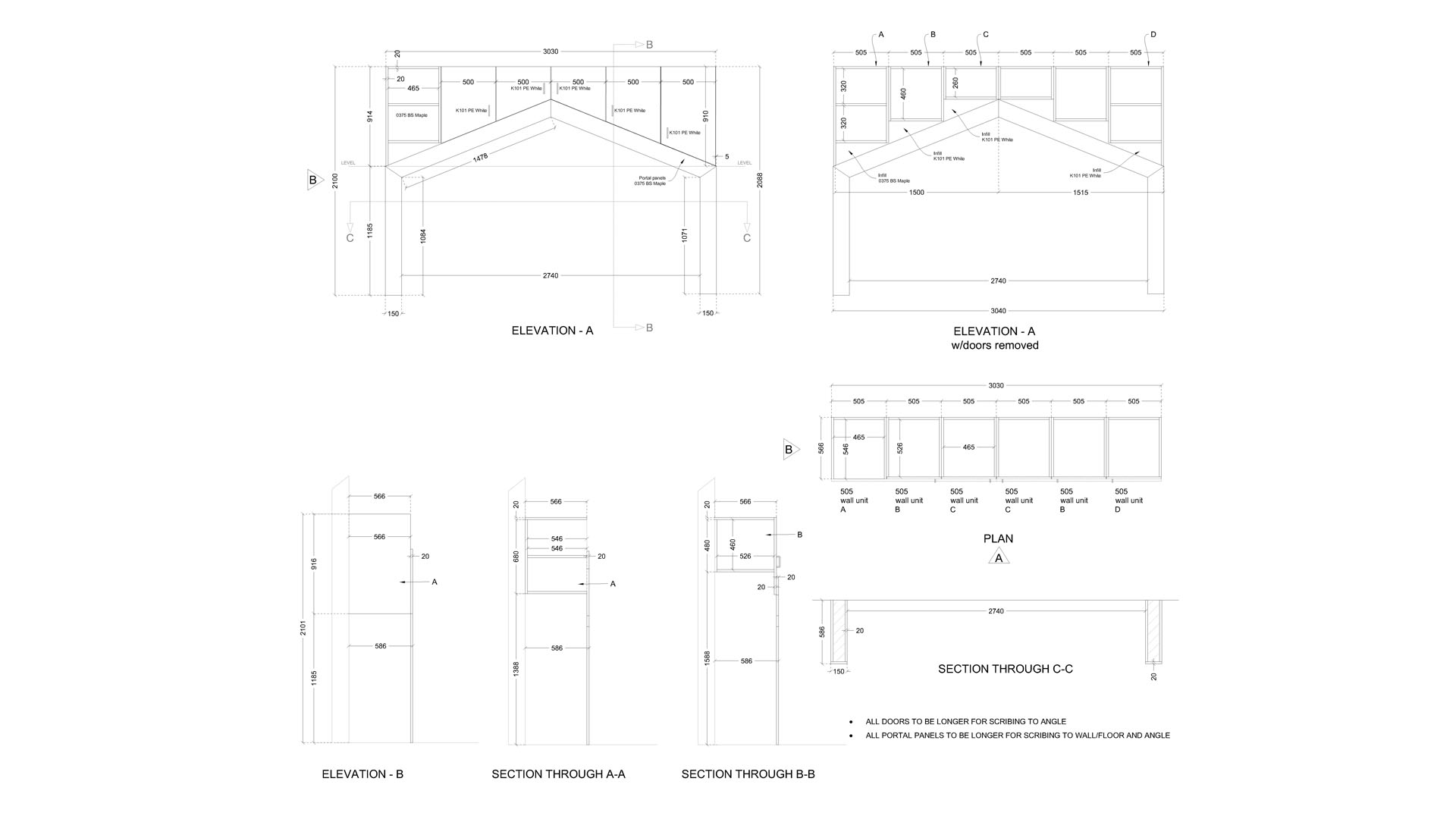 Angled-Top Wall Storage Unit, Elevations Plan & Section Set