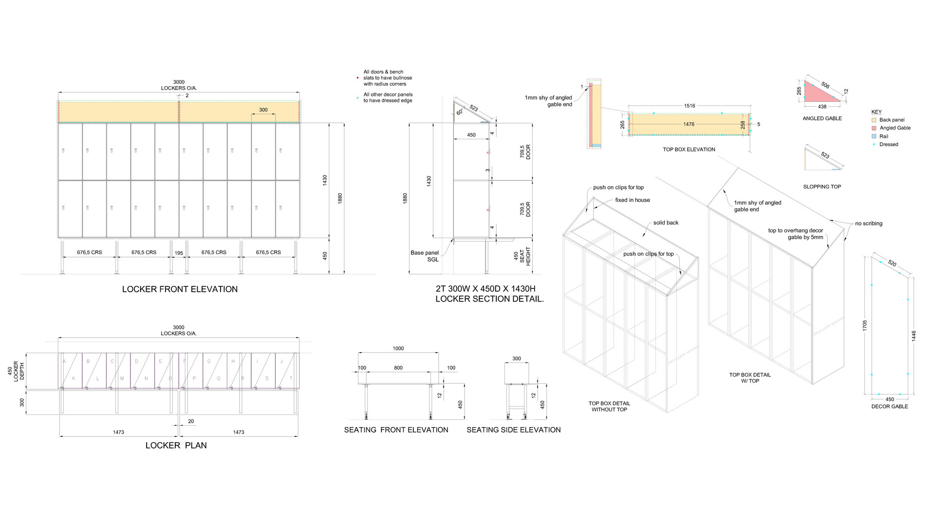 Locker Bank with Integrated Seating, Elevation Plan & Section Details