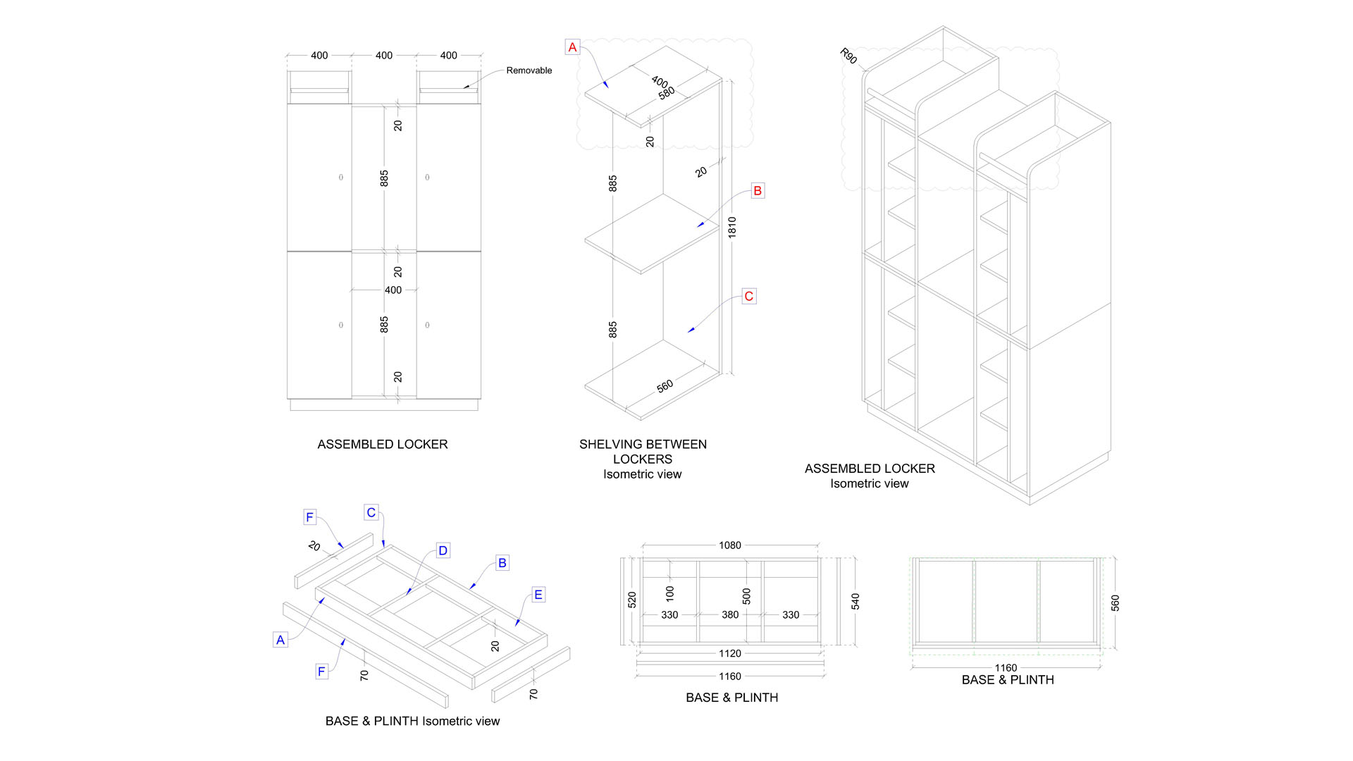 Locker Unit Assembly, Component Elevations Isometric & Base Detail