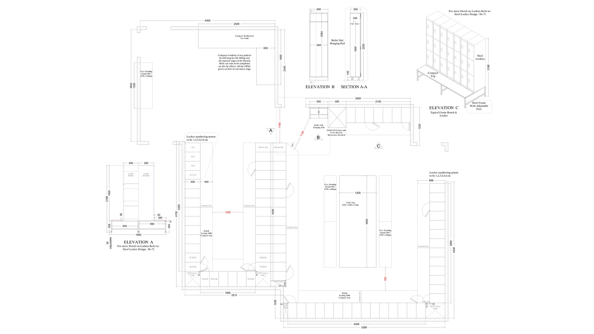 Locker Room Fitout, Site Layout Plan Elevations & Steel Locker Detail