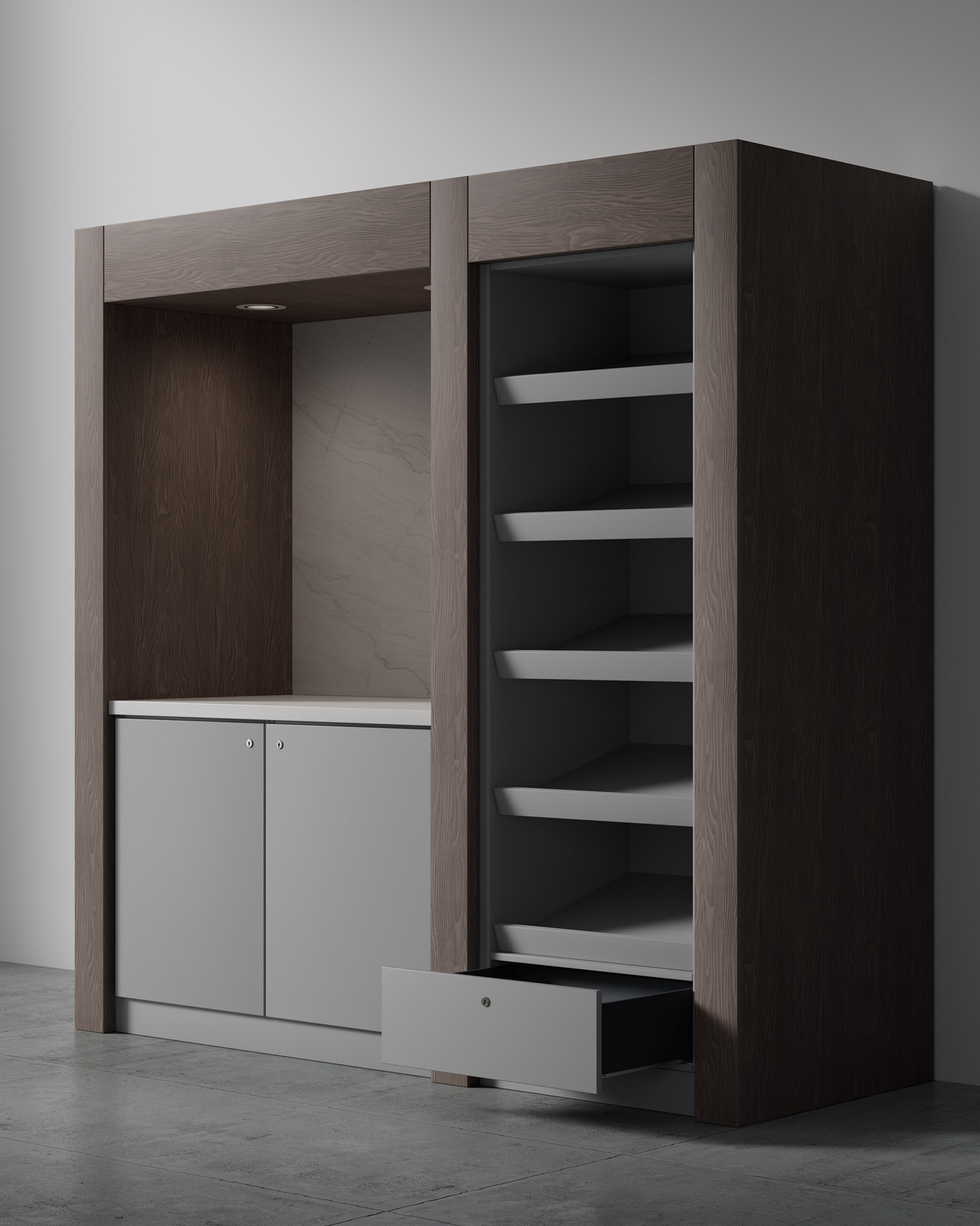 Food & Beverage Unit, Three-Quarter View, Drawer Open