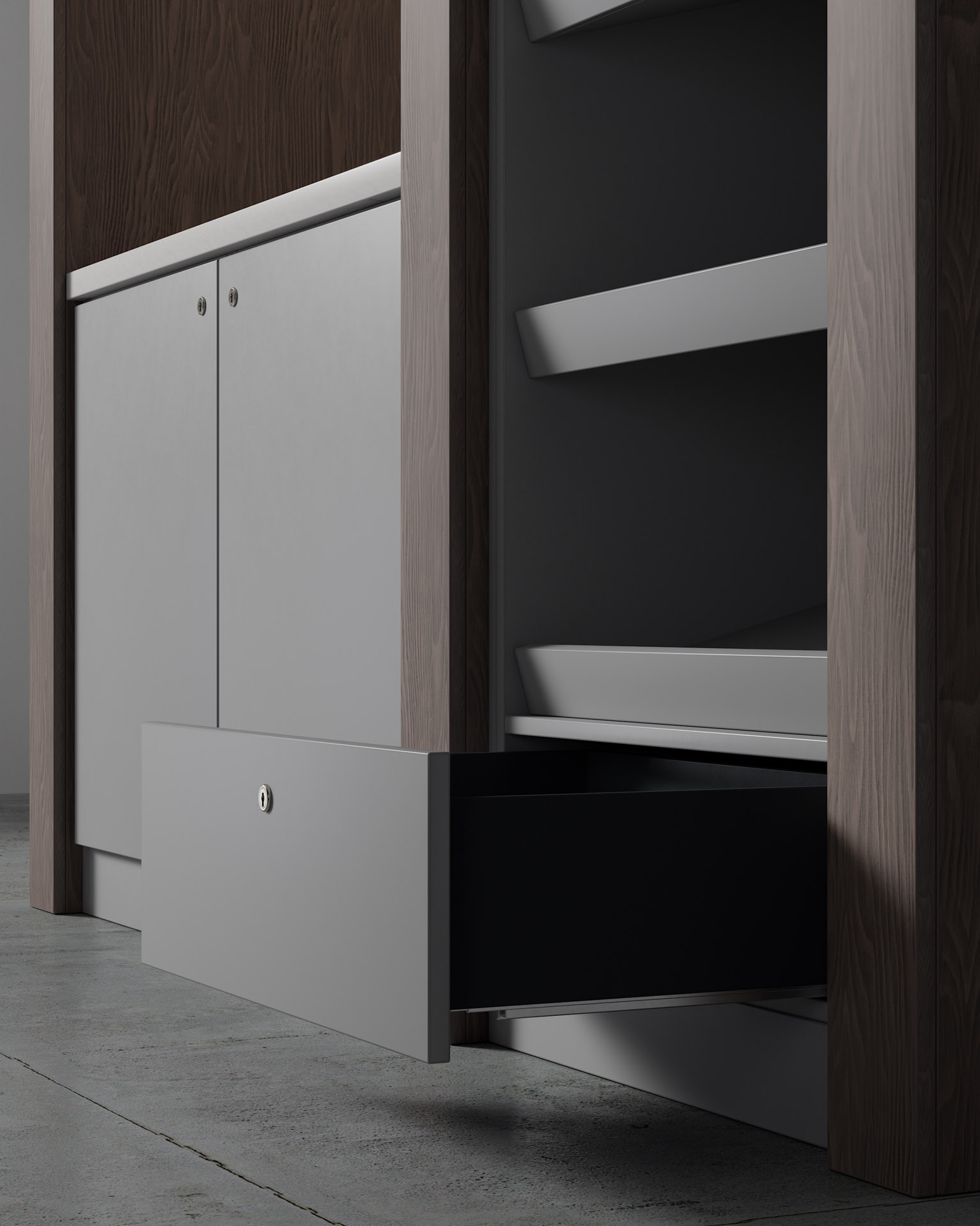 Food & Beverage Unit, Low-Angle Detail, Drawer & Shelves