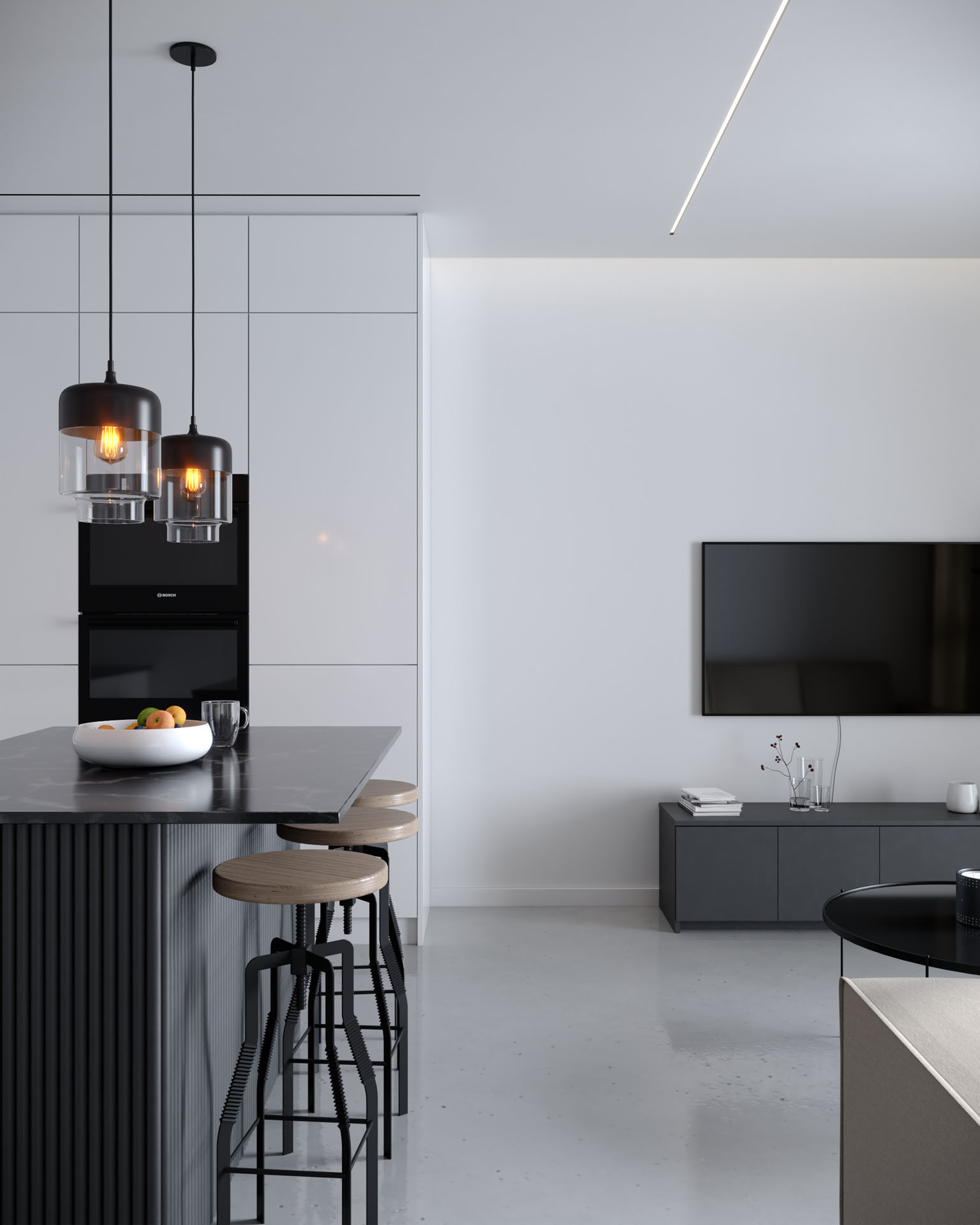 Kitchen and Living Space, Integrated Furniture Scene