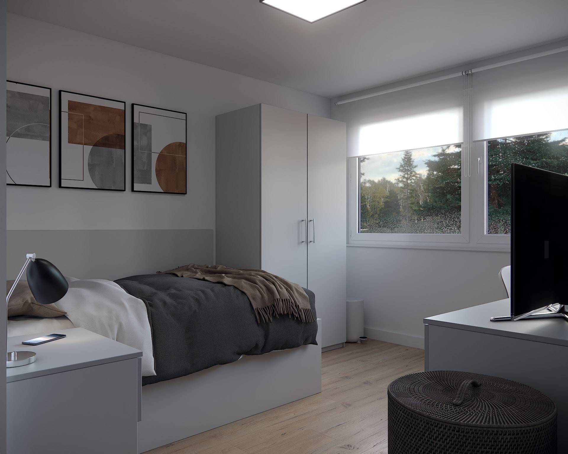Cabin Interior, Bedroom Scene, Wardrobe & Bed View