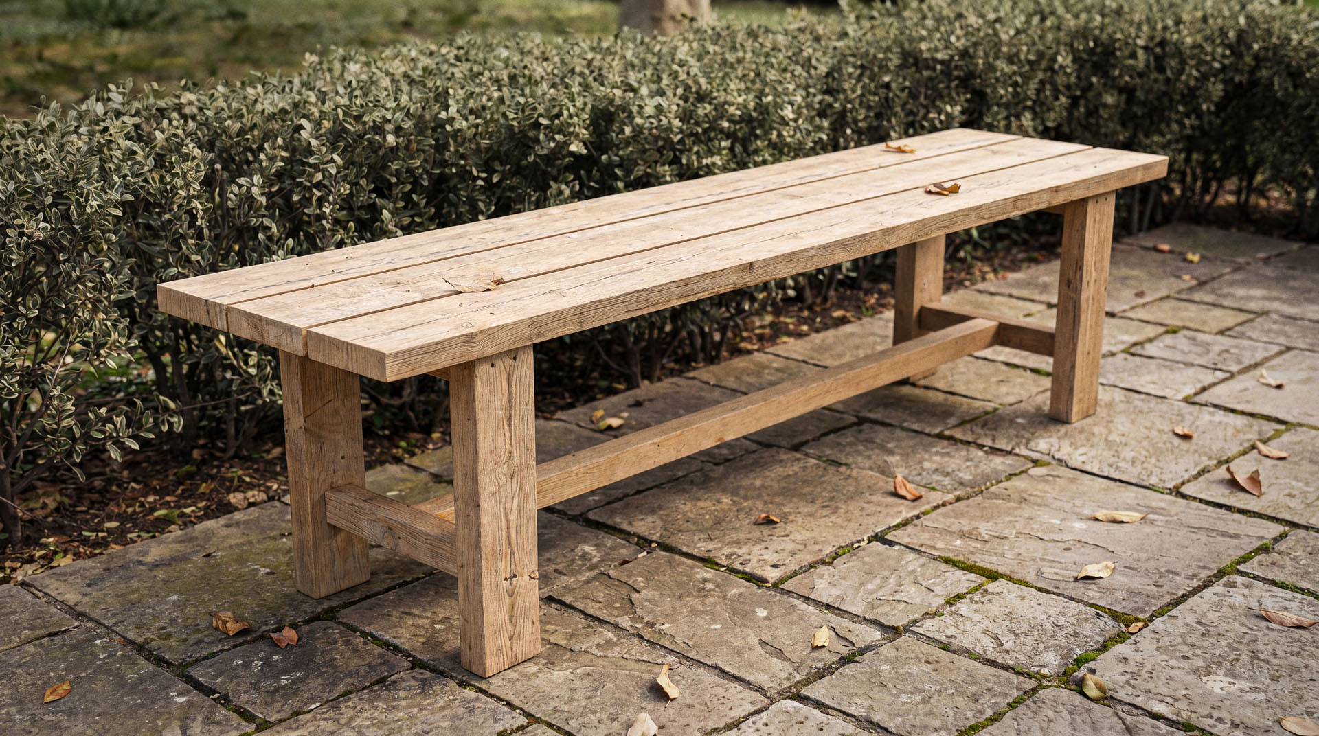 Garden Bench, Rustic Timber, Patio Scene