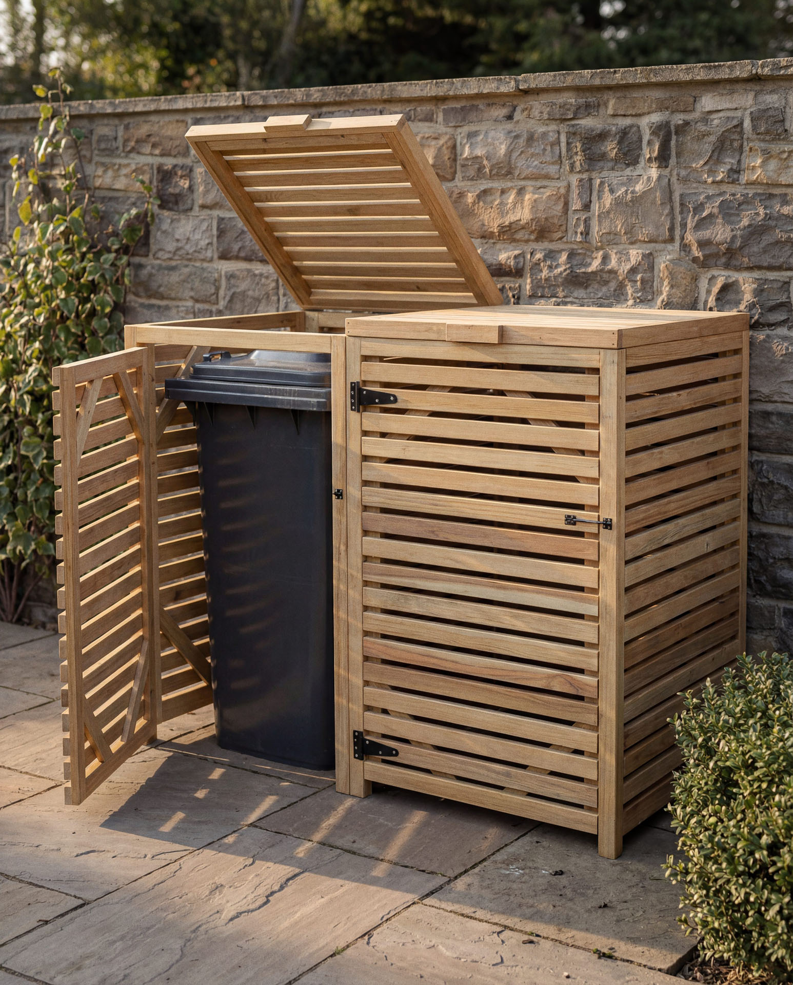 Bin Store Unit, Slatted Timber, Garden Scene