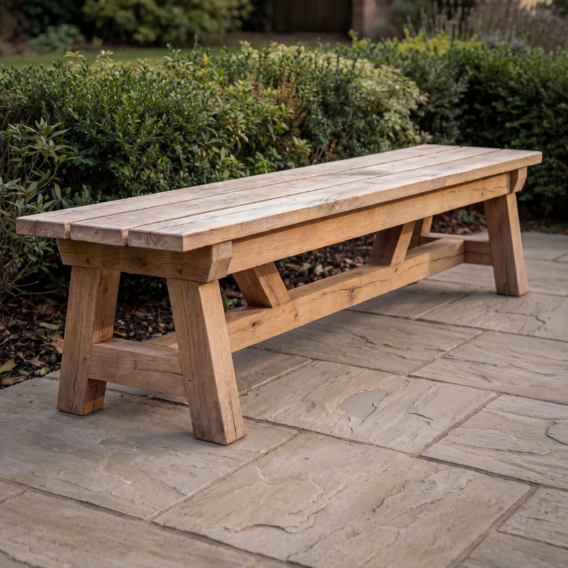 Farm Bench, Heavy Timber Frame, Patio Scene