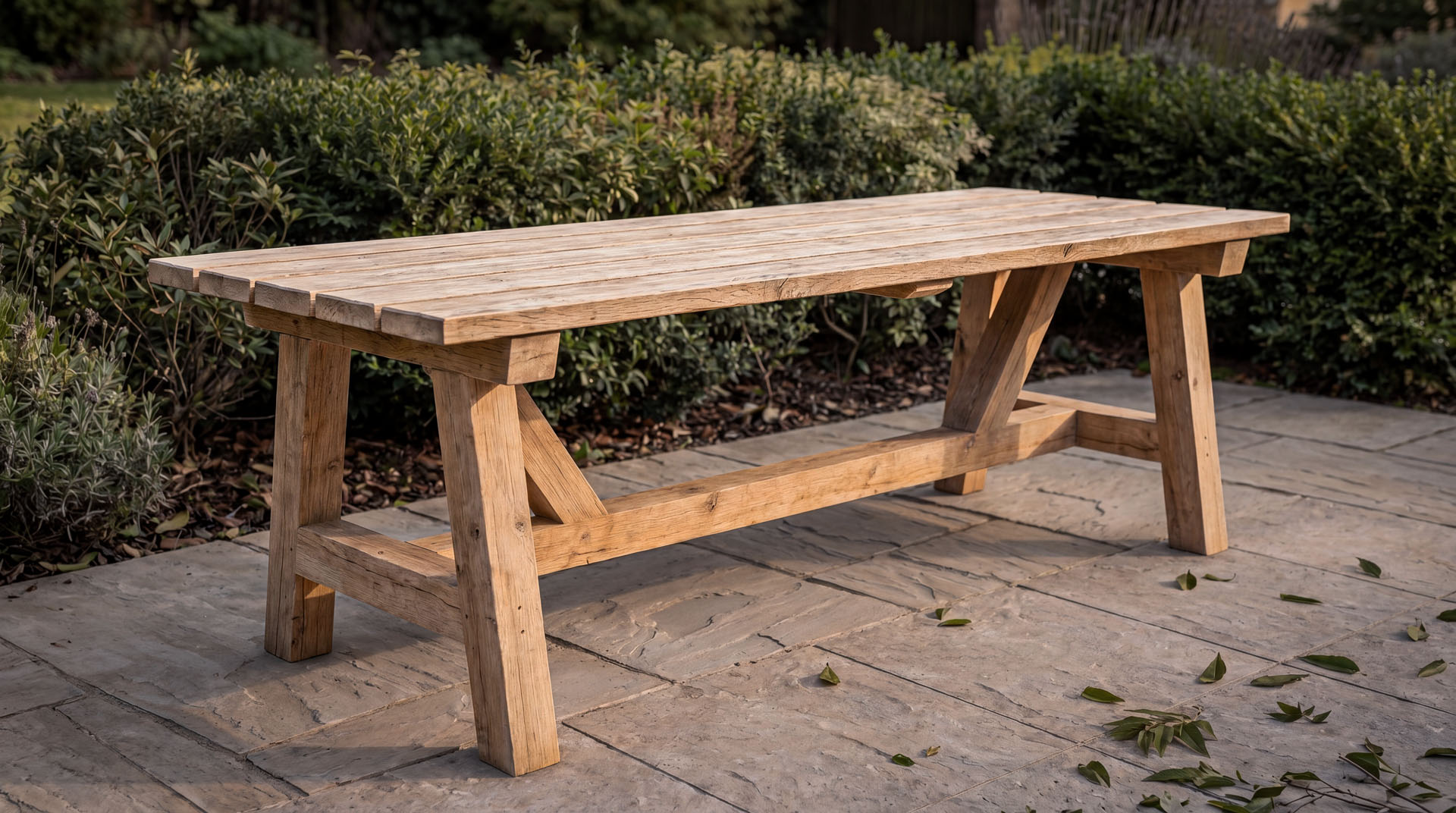 Farm Table, Heavy Timber Frame, Patio Scene