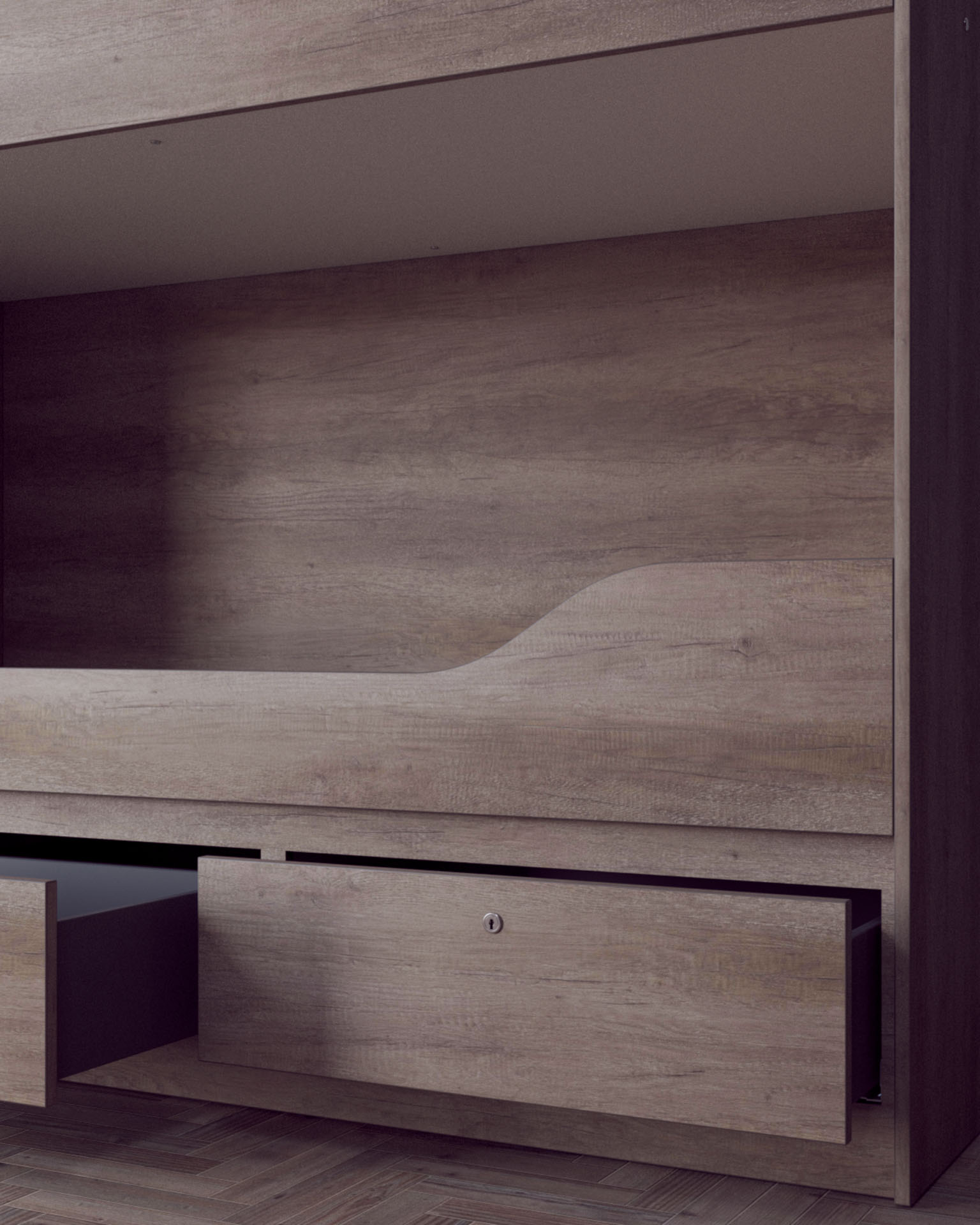 Bunk Bed System, Lower Berth Detail, Drawer Open