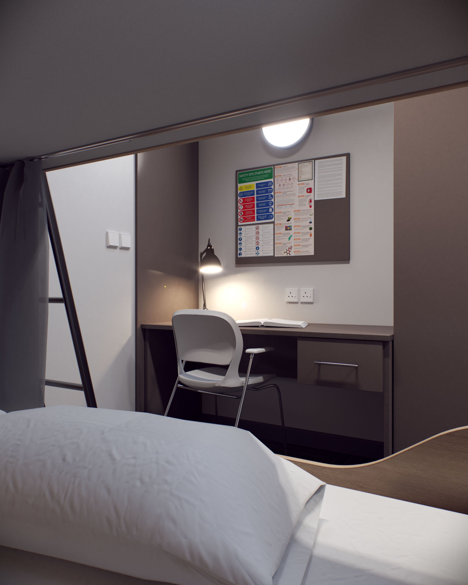 Offshore Cabin, Desk and Bed View, Bunk Cabin