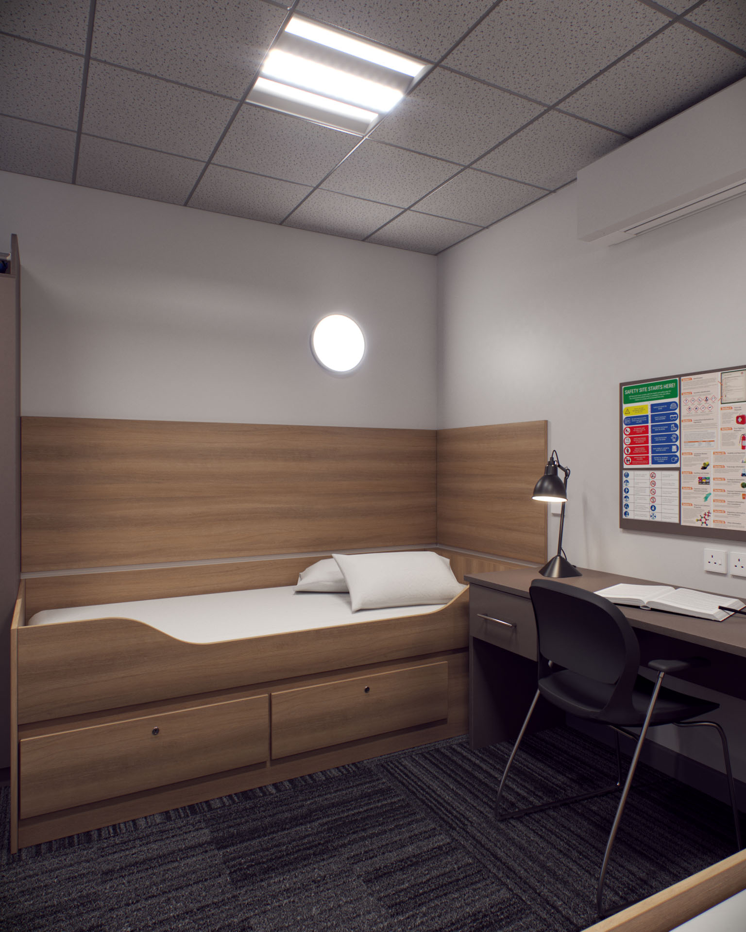 Offshore Cabin, Single Bed and Desk, Front View