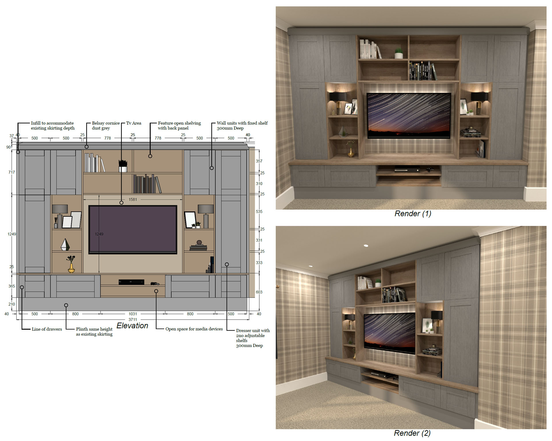 Media Wall Unit Elevation & Renders