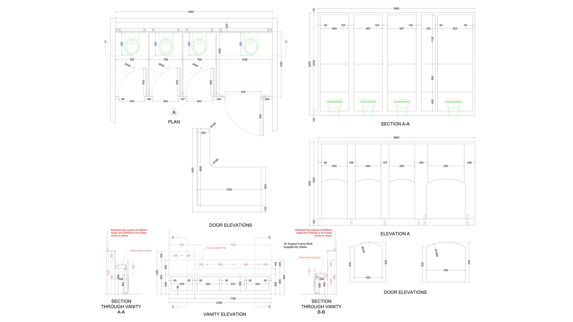 Washroom Pod Plan, Sections & Vanity Elevations