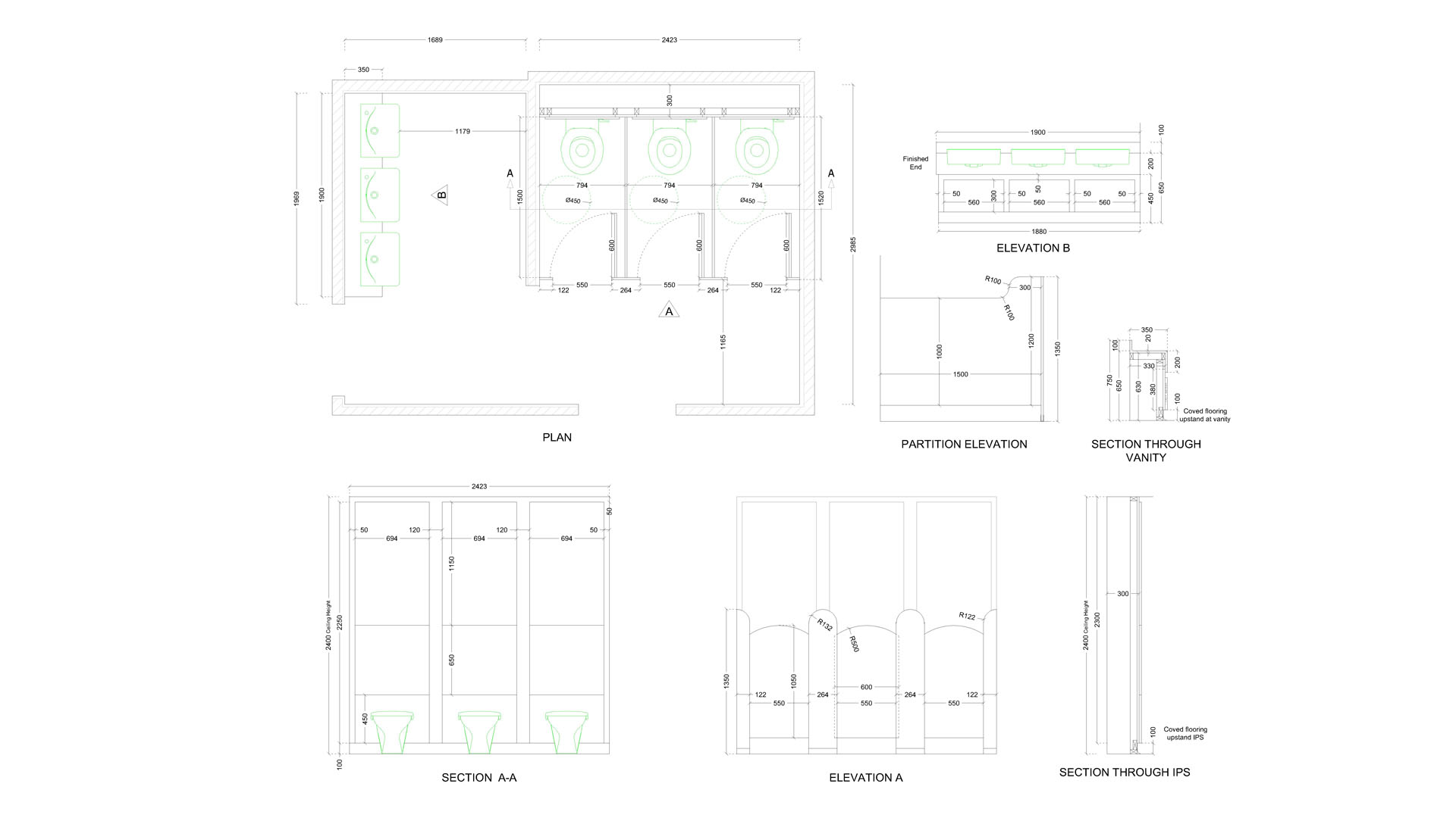Three-Cubicle WC Block Full Drawing Set